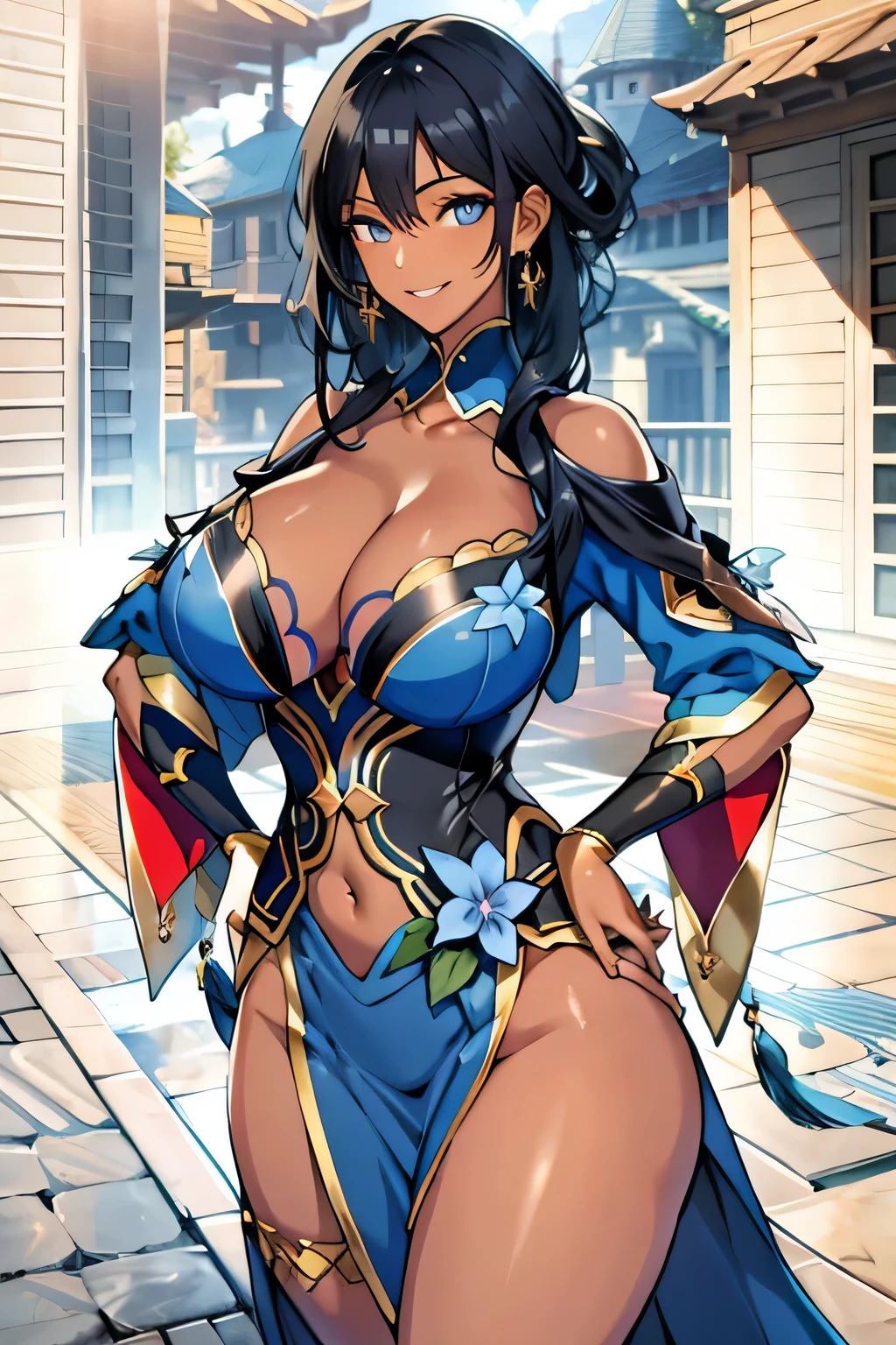 long black hair, colored skin, brown skin, blue eyes, solo, smiling, standing, upper body, hips, gigantic breasts, blue clothes, cleavage,ultra-detailed(best quality,highres:1.2), ultra-detailed eyes