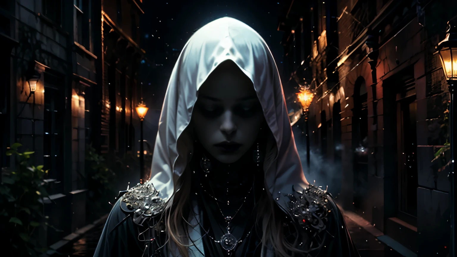 best quality,masterpiece:1.2,ultra-detailed,realistic:1.37,portraits,noir,expressive brushwork,gorgeous colors,soft lighting,detailed eyes and lips,mysterious atmosphere,impressive composition,dark shadows,night garden,wet pavement,reflection of streetlights,lonely figure,haunting gaze,melancholy,subtle emotions,nostalgic,romantic,moonlit sky,foggy ambiance,mysterious beauty,contrasting highlights and shadows,deep tonal range,nighttime tranquility