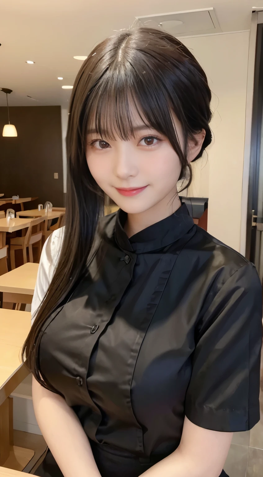 (highest quality,masterpiece:1.3,ultra high resolution,),(Super detailed,caustics),(Photoreal:1.4,RAW shooting,)ultra-realistic capture,very detailed,High resolution 16K human skin close-up。 natural skin texture、,The pores are、、、、Must be detailed enough to be easily identified。 Skin should look even-toned and healthy。 Use natural light and color,restaurant,waitress uniform,1 girl,Japanese,18-year-old,cute,black haired,ponytail,big breasts,smile,turn your body forward,(Front view:1.1),look at the camera,cowboy shot,