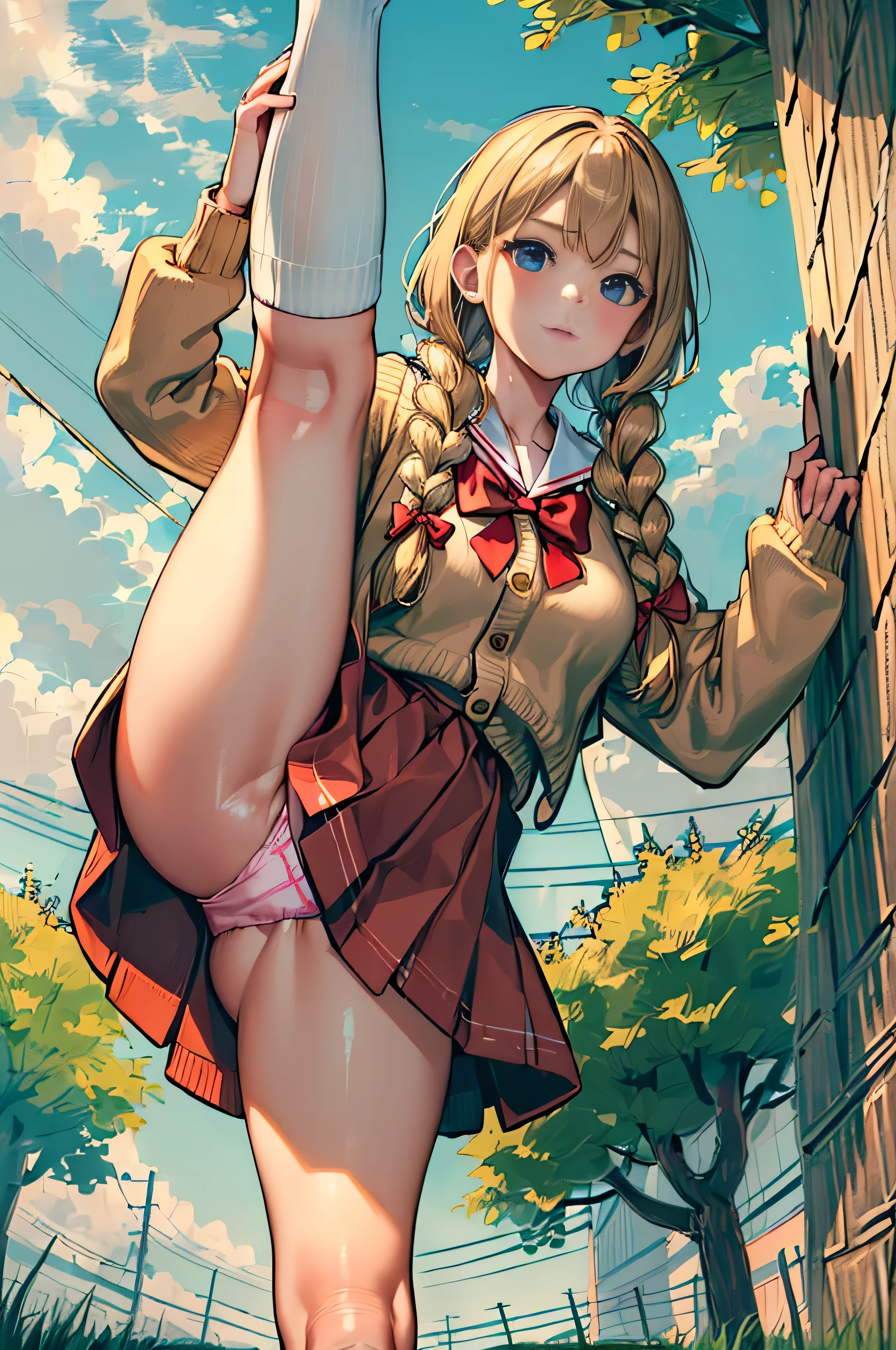 ((masterpiece, best qualtiy, hdr, 8k)), 1girl, solo, satomura akane, long hair, blond hair, blue eyes, twin braids, large braids, ONE school uniform, knee length skirt, red skirt, white socks, brown shoes, pink shirt with a red bow, closed small beige cardigan sweater, grass firld, dry faded grass, tall grass, rainy, (average breasts), full body, average thighs, detailed legs, flexible, (standing on one leg:1.2), (standing split:1.3), (hand holding one leg up), (seen from below:1.2), showing pink panties