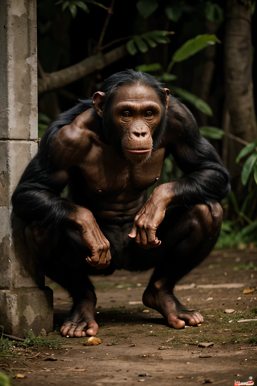 Aggressive, violent, dangerous crouching chimpanzee, full body, showing snout with threatening fangs