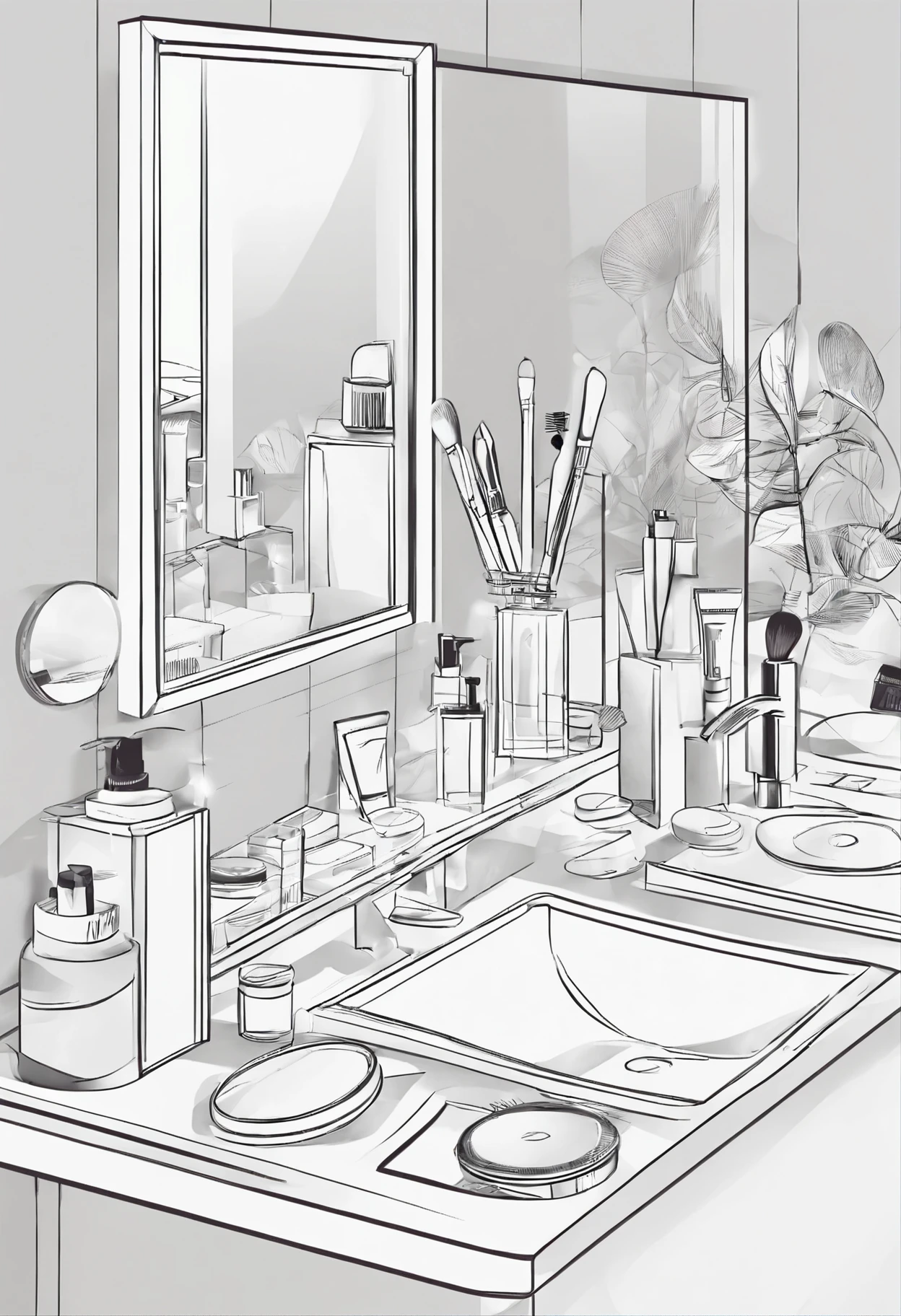 Makeup and hair products on laying on bathroom counter 