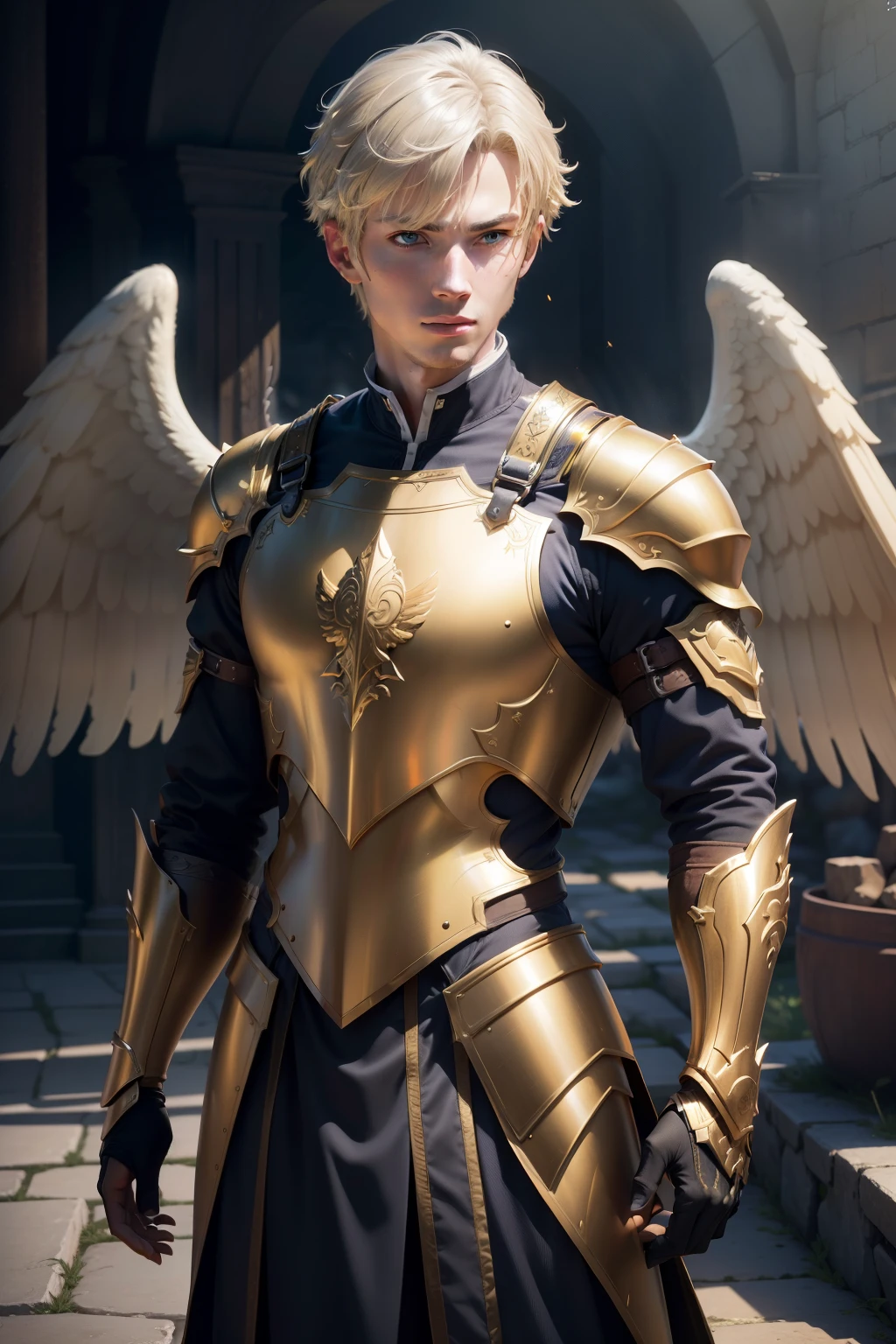(RAW photo, 4k, artwork, high resolution, extremely complex) (Realistic: 1.4), cinematic lighting, (((a male character))), ground focus, day, medieval\(style\), (best quality), (high resolution), (Silver armor with dark blue details),(8k expressionless face),(yellow eyes),(ulzzang-6500:1.0),(Alone),(short blonde hair),(viewers) ,(no mask),lookside,(side),(Heavenly environment),((speed)),((large golden wings open)),(Reality),