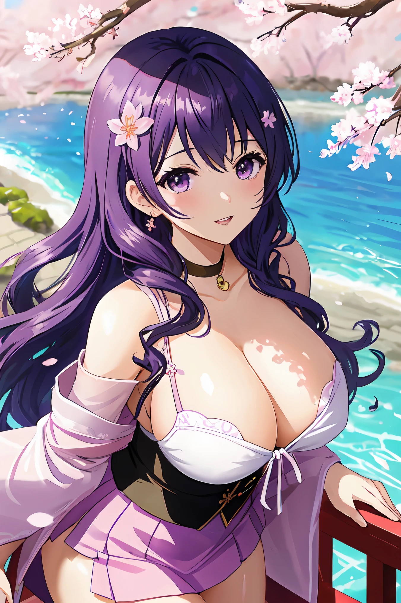 anime、1 female、bottom angle、whole body、semi-long、purple hair、curly hair、black eye、dense lips、well-groomed face、one piece、mini skirt、valley、beautiful breasts、cherry blossoms、cherry blossoms吹雪、Kyoto cityscape、sunlight、masterpiece、ultra high resolution、delicate、16k、perfect lighting
