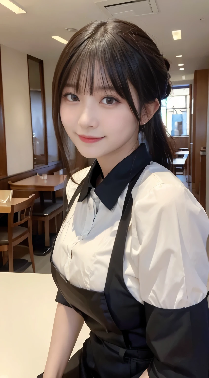 (highest quality,masterpiece:1.3,ultra high resolution,),(Super detailed,caustics),(Photoreal:1.4,RAW shooting,)ultra-realistic capture,very detailed,High resolution 16K human skin close-up。 natural skin texture、,The pores are、、、、Must be detailed enough to be easily identified。 Skin should look even-toned and healthy。 Use natural light and color,restaurant,waitress uniform,1 girl,Japanese,18-year-old,cute,black haired,ponytail,big breasts,smile,turn your body forward,(Front view:1.1),look at the camera,cowboy shot,
