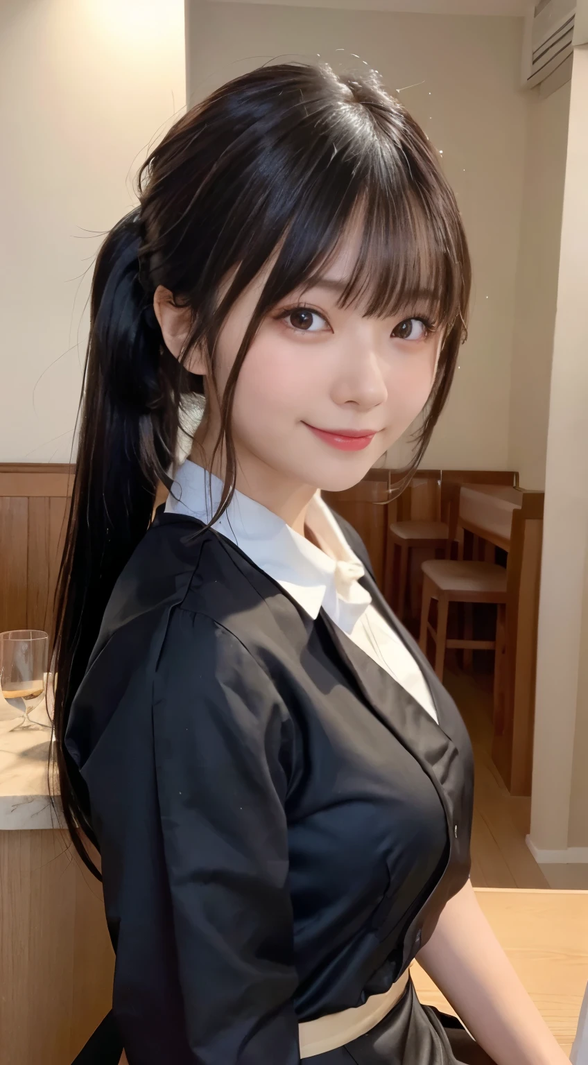 (highest quality,masterpiece:1.3,ultra high resolution,),(Super detailed,caustics),(Photoreal:1.4,RAW shooting,)ultra-realistic capture,very detailed,High resolution 16K human skin close-up。 natural skin texture、,The pores are、、、、Must be detailed enough to be easily identified。 Skin should look even-toned and healthy。 Use natural light and color,restaurant,waitress uniform,1 girl,Japanese,18-year-old,cute,black haired,ponytail,big breasts,smile,turn your body forward,(Front view:1.1),look at the camera,cowboy shot,