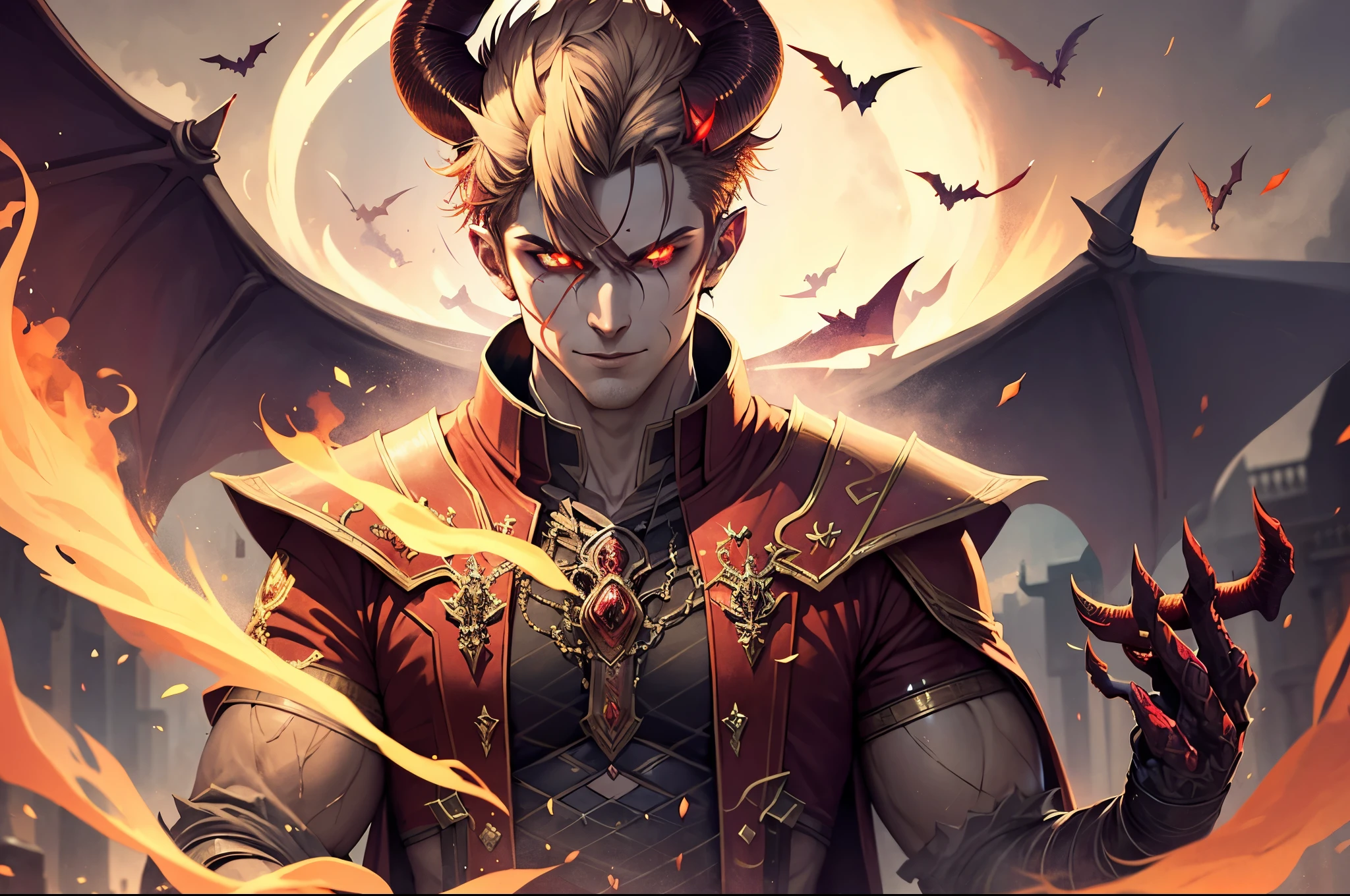 handsome male red skinned demon, bat wings, big horns, flaming red eyes, glowing with power, confident smirk, sharp claws, extremely detailed, high quality, UHD