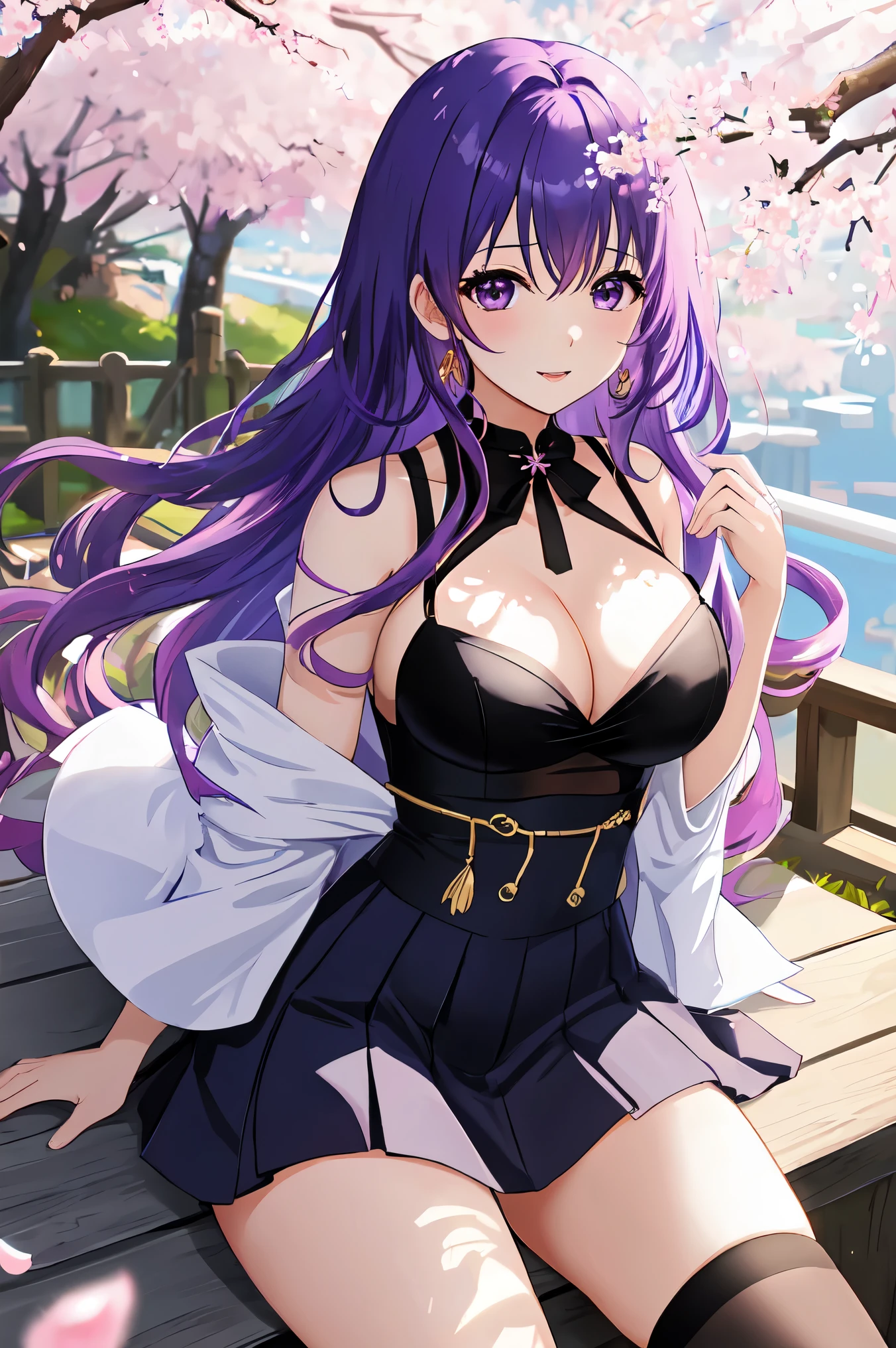 anime、1 female、bottom angle、whole body、semi-long、purple hair、curly hair、black eye、dense lips、well-groomed face、one piece、mini skirt、valley、beautiful breasts、cherry blossoms、cherry blossoms吹雪、Kyoto cityscape、sunlight、masterpiece、ultra high resolution、delicate、16k、perfect lighting