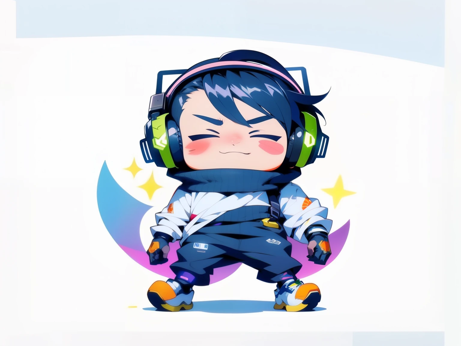 Cartoon character of a man wearing headphones and holding mobile phone, anime style characters, stylized anime, Advanced digital chibi art, High quality character design, cute characters, style anime, Very stylized character design, heroic character, High quality anime art style, Game character design, from《Overwatch》echo, Chibi style, cute internet god, Full body character design,cyberpunk style,Draw three views of the character