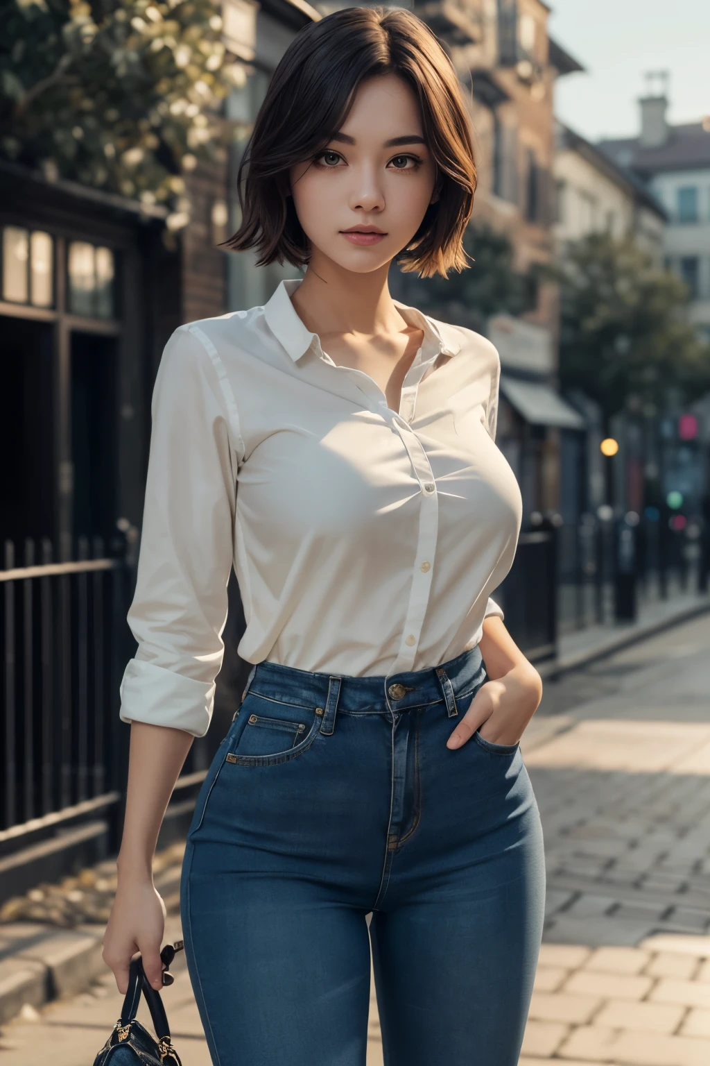 (Masterpiece: 1.2, highest quality), (Detailed and beautiful eyes: 1.2), Solo focus, (Extremely detailed CG unity 8k wallpaper, masterpiece, highest quality, ultra-definition, best shadow), (Detailed background), ( Fine and beautiful eyes) face, fine and beautiful eyes, one girl, solo, big breasts, jeans, white shirt, holding a handbag, high contrast, beautiful sexy woman, adult, (best lighting, very delicate and beautiful) , (simple background, outdoor), looking at the viewer, beautiful detailed glow, ((face focus, landscape)),