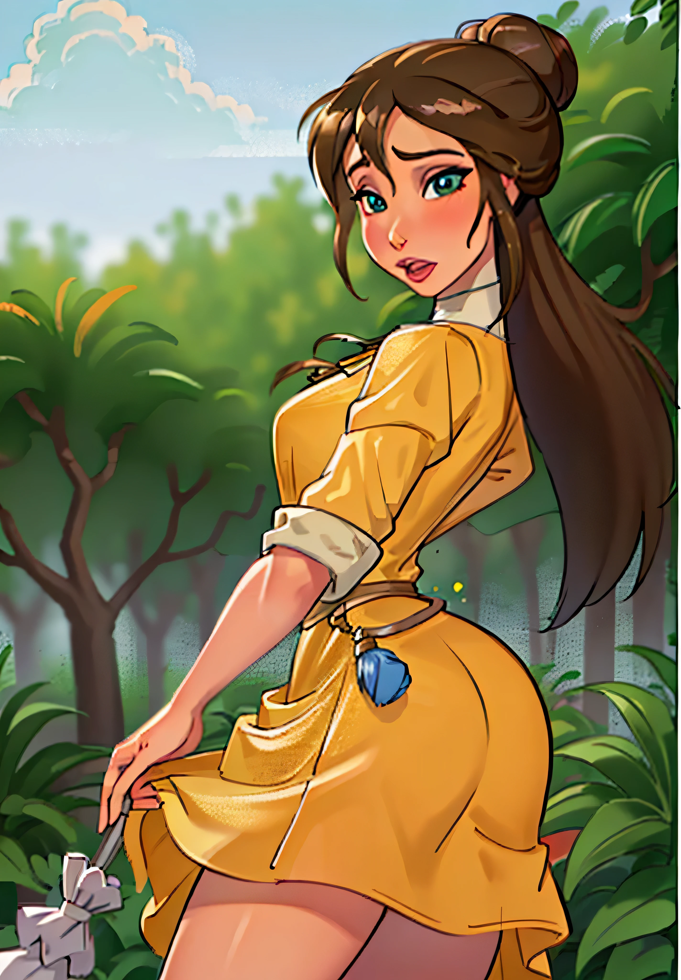 (JaneWaifu:1), surprised, cute pose, looking at viewer, thick thighs, (yellow dress:1.2), (hair bun), curvy, (holding umbrella), (realistic:1.2), (realism), (masterpiece:1.2), (best quality), (ultra detailed), (8k, 4k, intricate), (full-body-shot:1), (Cowboy-shot:1.2), (85mm), light particles, lighting, (highly detailed:1.2),(detailed face:1.2), (gradients), colorful, (detailed eyes:1.2), (detailed ladscape, jungle, vegetation, plants:1.2), (detailed background), detailed landscape, (dynamic angle:1.2), (dynamic pose:1.2), (rule of third_composition:1.3), (Line of action:1.2), wide shot, daylight, solo,