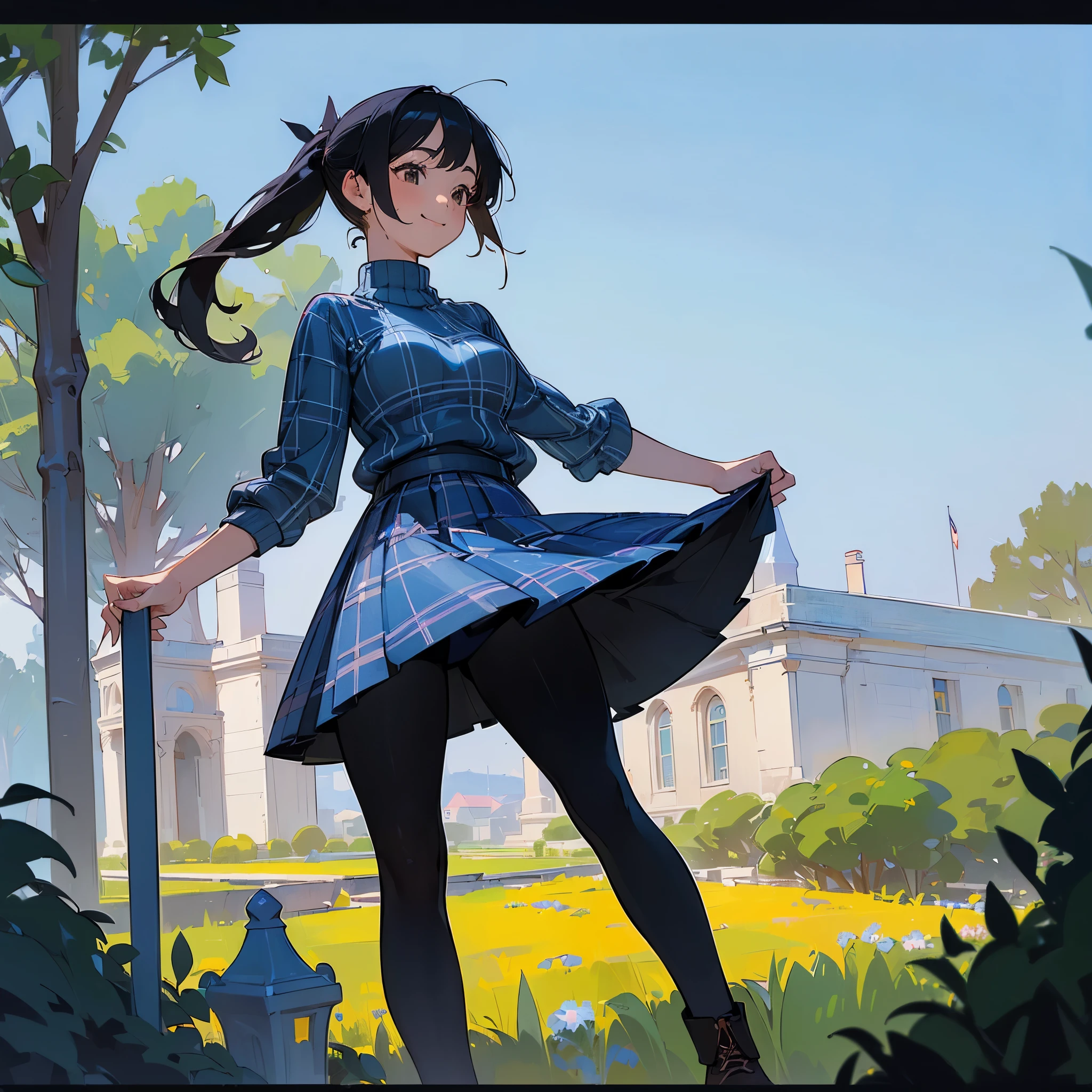 (high quality, High resolution, Super detailed, reality:1.37), peaceful atmosphere, (outdoors, garden), age girl standing alone, (my breasts are big.), Beautiful detail features, cute smile, (black hair ponytail), ribbed sweater, blue plaid skirt, black tights, brown boots.