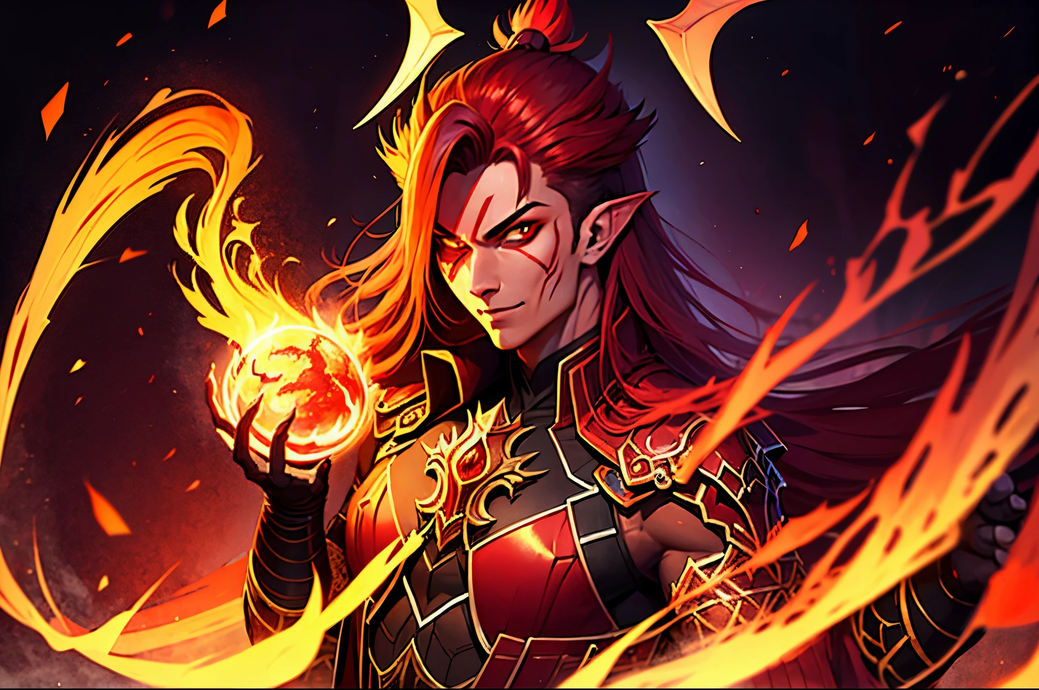 handsome male demon, red skin, bat wings, big horns, flaming red eyes, glowing with power, confident smirk, sharp claws, close-up, extremely detailed, high quality, UHD