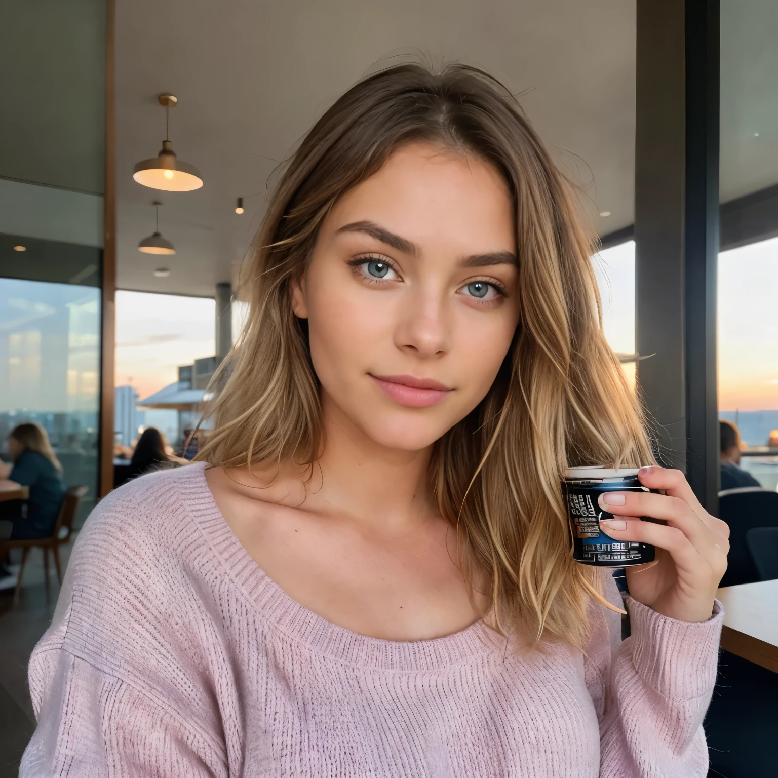 beautiful blonde wearing pink sweater (sipping coffee inside a modern café at sunset), very detailed, 21 years old, innocent face, natural wavy hair, blue eyes, high resolution, masterpiece, best quality, intricate details, highly detailed, sharp focus, detailed skin, realistic skin texture, texture, detailed eyes, professional, 4k, charming smile, shot on Canon, 85mm, shallow depth of field, kodak vision color, perfect fit body, extremely detailed, foto_\(ultra\), photorealistic, realistic, post-processing, maximum detail, roughness, real life, ultra realistic, photorealism, photography, 8k uhd, photography