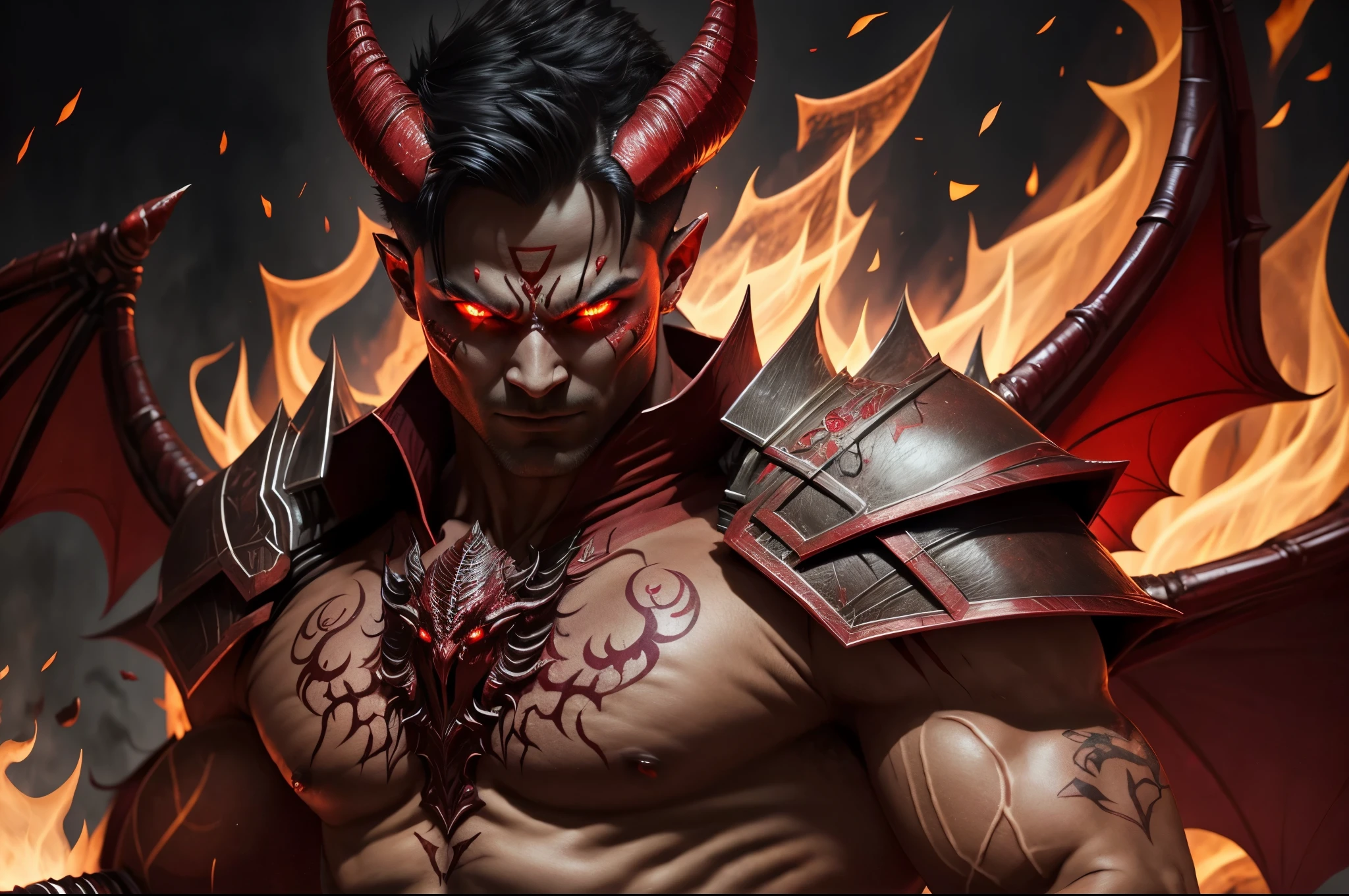 handsome male demon, red skin, bat wings, big horns, flaming red eyes, glowing with power, confident smirk, sharp claws, close-up, extremely detailed, high quality, UHD