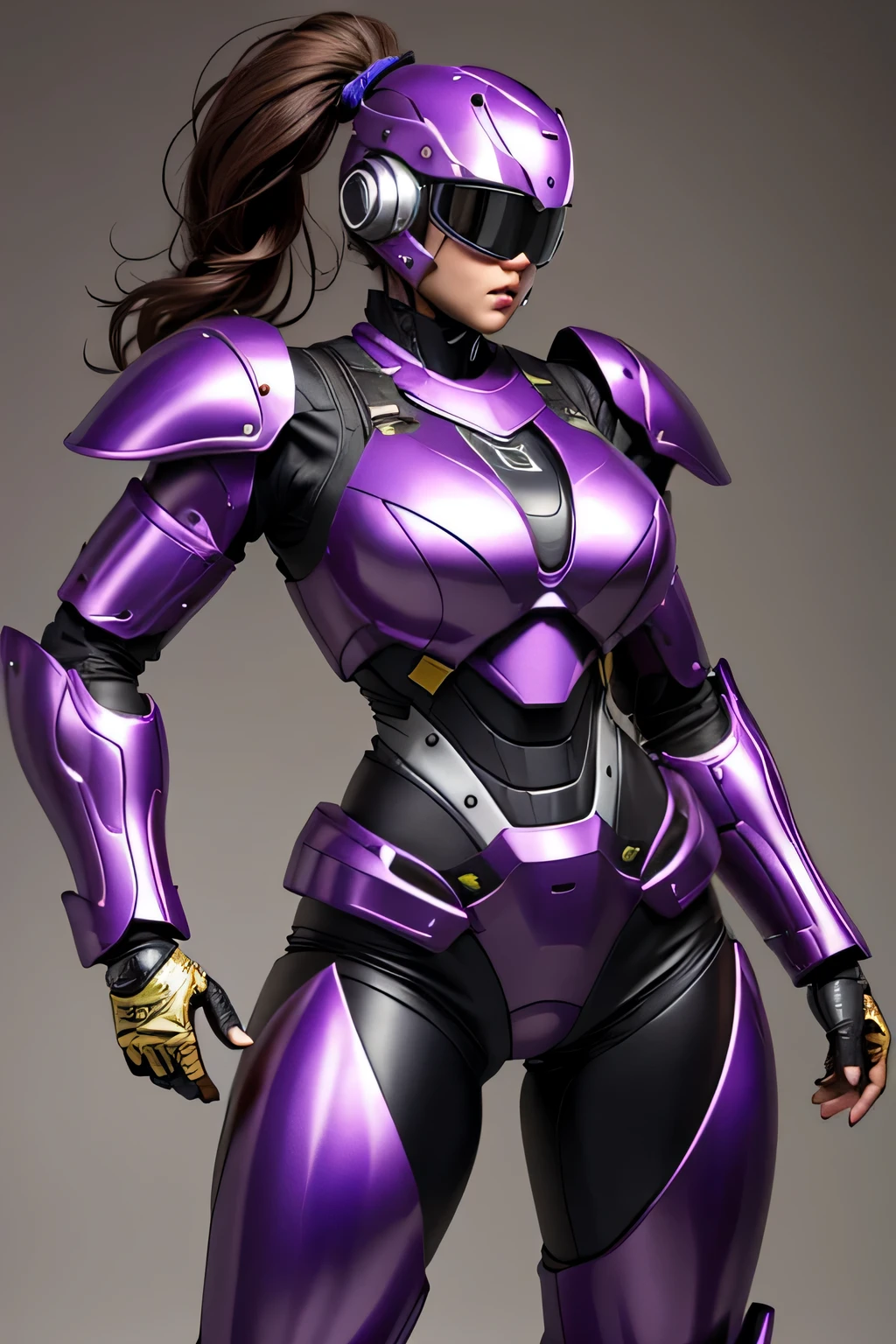 female robocop solo、Armor that completely covers the whole body、very large armor、Helmet with straight goggles to hide eyes、metallic purple armor、Armor that completely covers the chest、thin and long legs、Vibrant posel body view