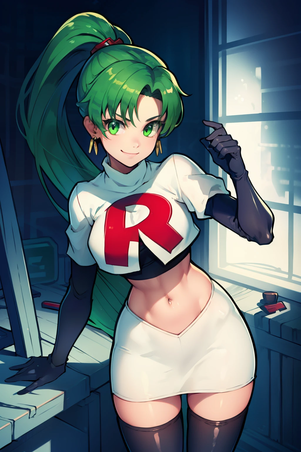 lyn, ponytail, green eyes, green hair, earrings ,team rocket uniform, red letter R, white skirt,white crop top,black thigh-high boots, black elbow gloves, evil smile, looking at viewer, cowboy shot, 