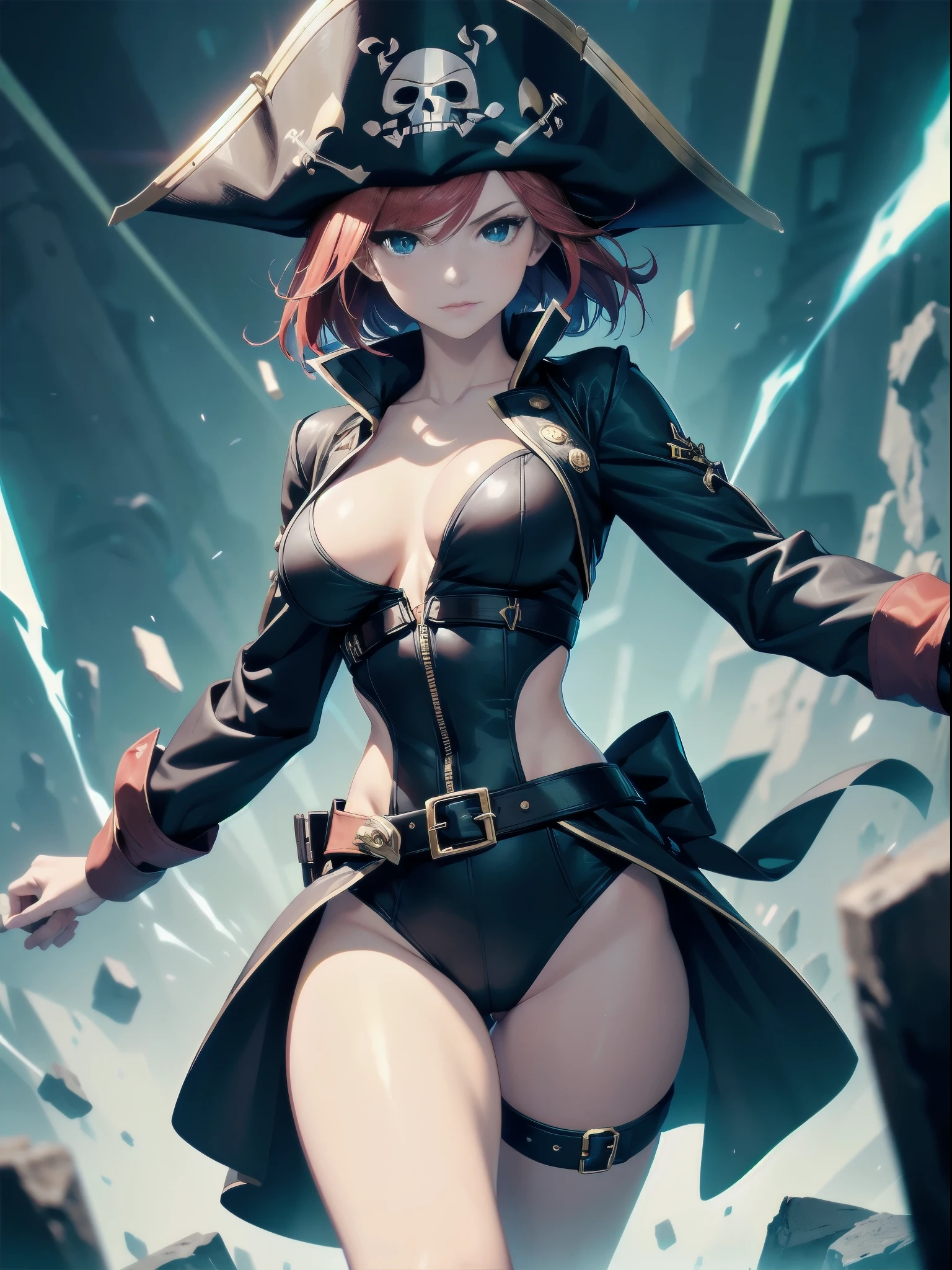 1girl, solo, masterpiece, best quality, black leotard, (long sleeves, pirate costume, pirate hat, pirate boots), body infused with electricity, lighting, particles, redhead, green eyes, blue aura, energy field, full body shot, depth of field, looking at viewer, spread arms, bare legs, medium breasts, bob hair, short hair, perfect anatomy, perfect hands, tall body, tight belt