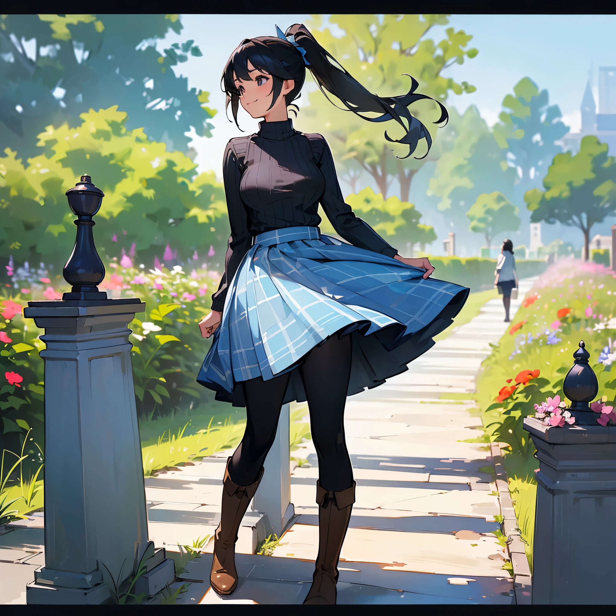 (high quality, High resolution, Super detailed, reality:1.37), peaceful atmosphere, (outdoors, garden), teenage girl standing alone, (my breasts are big.), Beautiful detail features, cute smile, (black hair ponytail), ribbed sweater, blue plaid skirt, black tights, brown boots.
