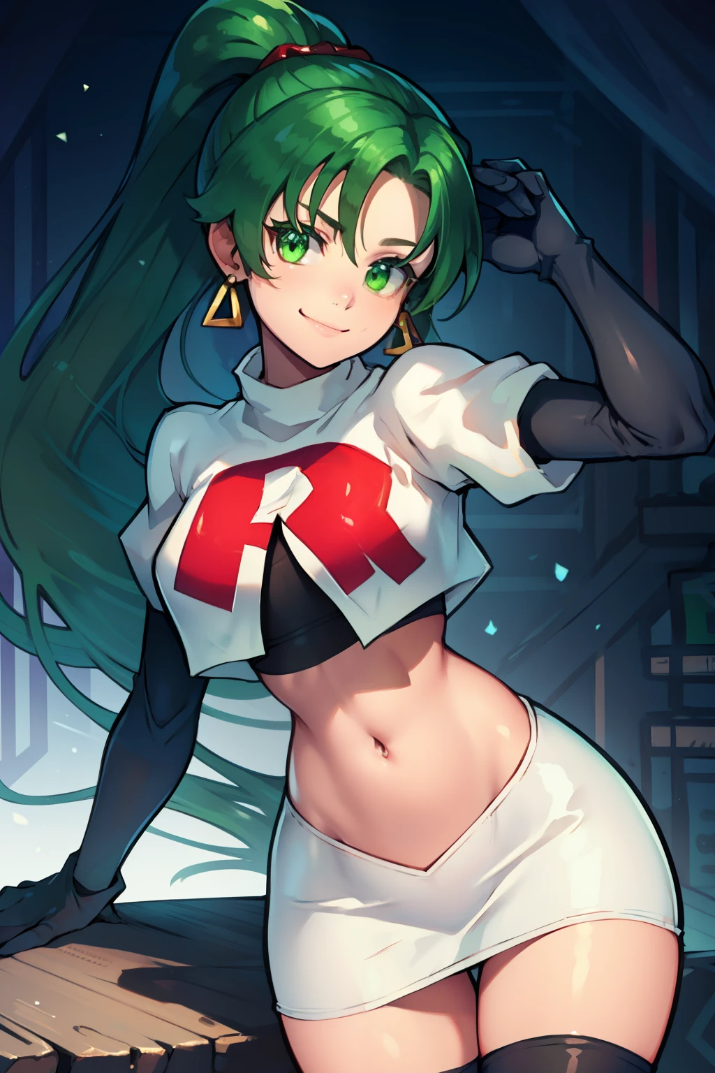 lyn, ponytail, green eyes, green hair, earrings ,team rocket uniform, red letter R, white skirt,white crop top,black thigh-high boots, black elbow gloves, evil smile, looking at viewer, cowboy shot, 