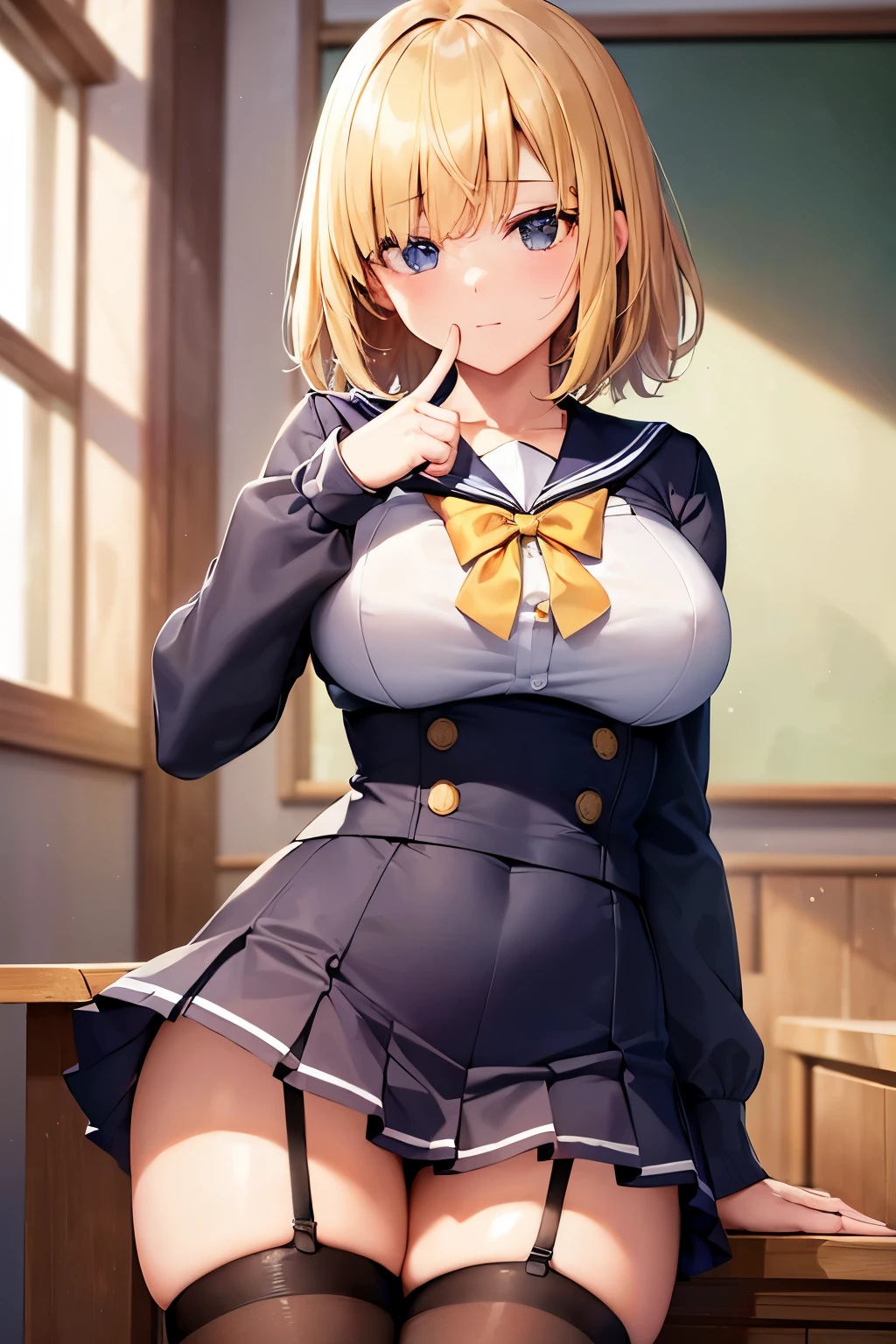 (highest quality、In 8K、32K、masterpiece、nffsw、超A high resolution、Impressionism、Photoreal:1.2)、big breasts、cowboy shot, detailed face and eyes、 inside the classroom、School、beautiful face、blurred background、 beautiful girl、shiny skin、bob cut、bright yellow hair、dull bangs、black eyes、(closed one eye、put your index finger to your mouth:1.2)、sailor suit、pleated mini skirt、curve、(Skirt up、I can see her:1.2)、thighs 、(Navel exposed:0.4)、dynamic pose beautiful legs, 、black knee high stockings　garter belt
