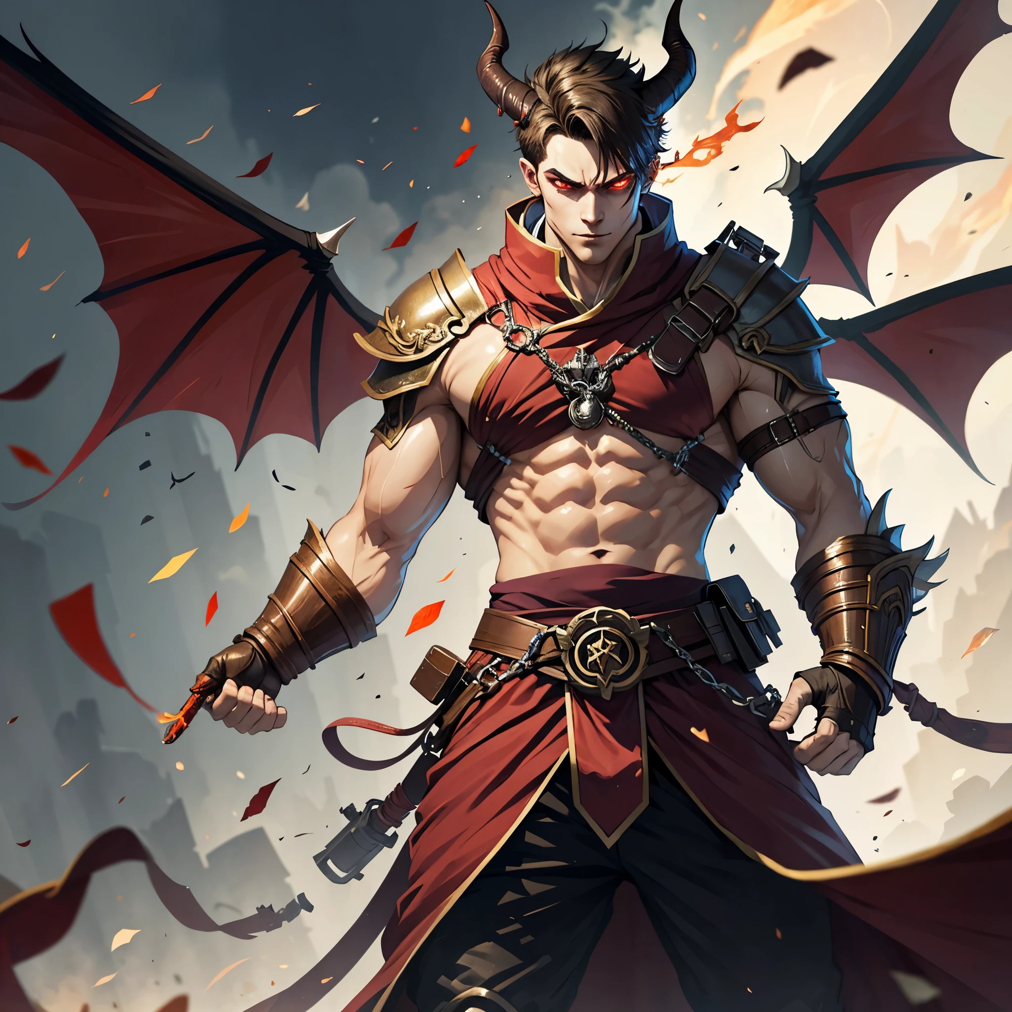 handsome male demon, red skin, bat wings, big horns, flaming red eyes, glowing with power, confident smirk, sharp claws, close-up, full body, extremely detailed, high quality, UHD