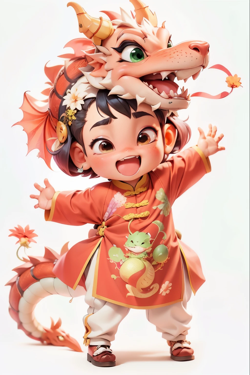 cartoon chinese boy,,green,他待着dragon头帽子,dragon,dragon女,可爱的小dragon,身后有dragon的尾部,inspiration,Official illustration,High quality illustrations,Art,Hanfu,可爱细致的数位Art