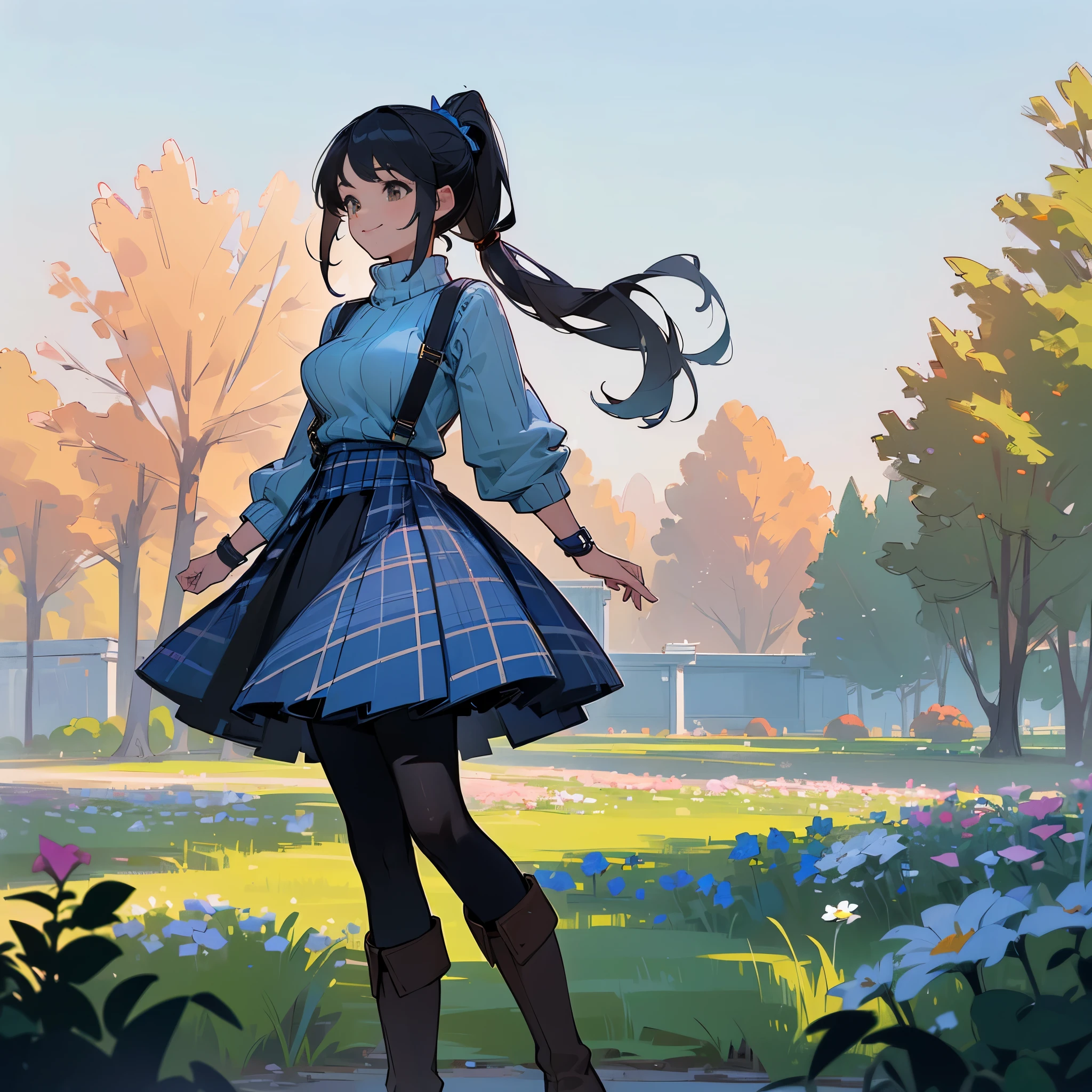 (high quality, High resolution, Super detailed, reality:1.37), peaceful atmosphere, (outdoors, garden), age girl standing alone, (my breasts are big.), Beautiful detail features, cute smile, (black hair ponytail), ribbed sweater, blue plaid skirt, black tights, brown boots.