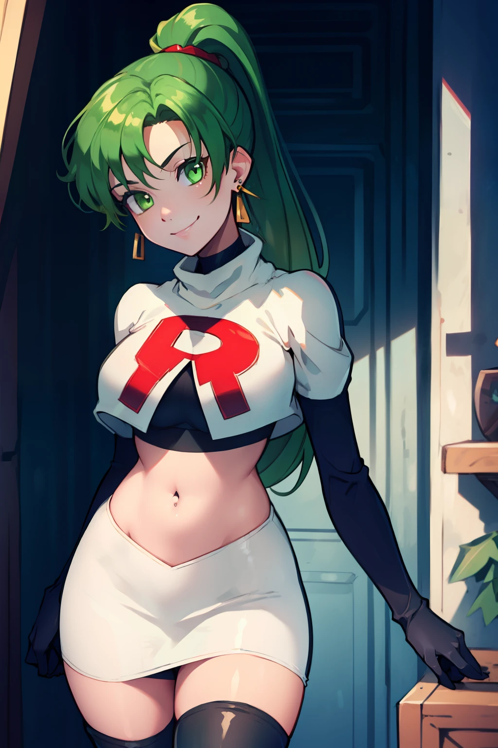 lyn, ponytail, green eyes, green hair, earrings ,team rocket uniform, red letter R, white skirt,white crop top,black thigh-high boots, black elbow gloves, evil smile, looking at viewer, cowboy shot, 