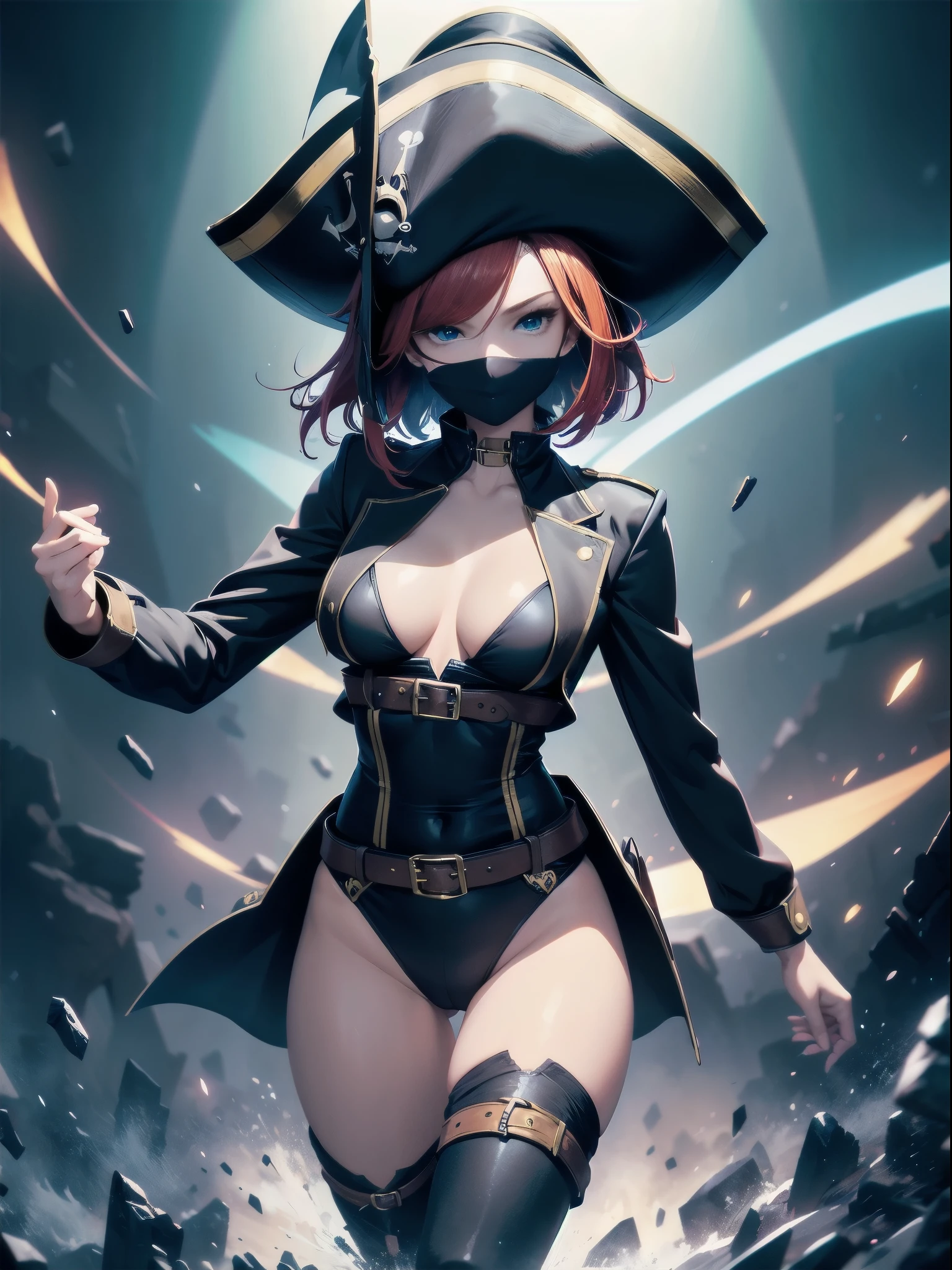 1girl, solo, masterpiece, best quality, black leotard, (long sleeves, pirate costume, pirate hat, pirate boots), body infused with electricity, lighting, particles, redhead, green eyes, blue aura, energy field, full body shot, depth of field, looking at viewer, spread arms, bare legs, medium breasts, bob hair, short hair, perfect anatomy, perfect hands, tall body, tight belt