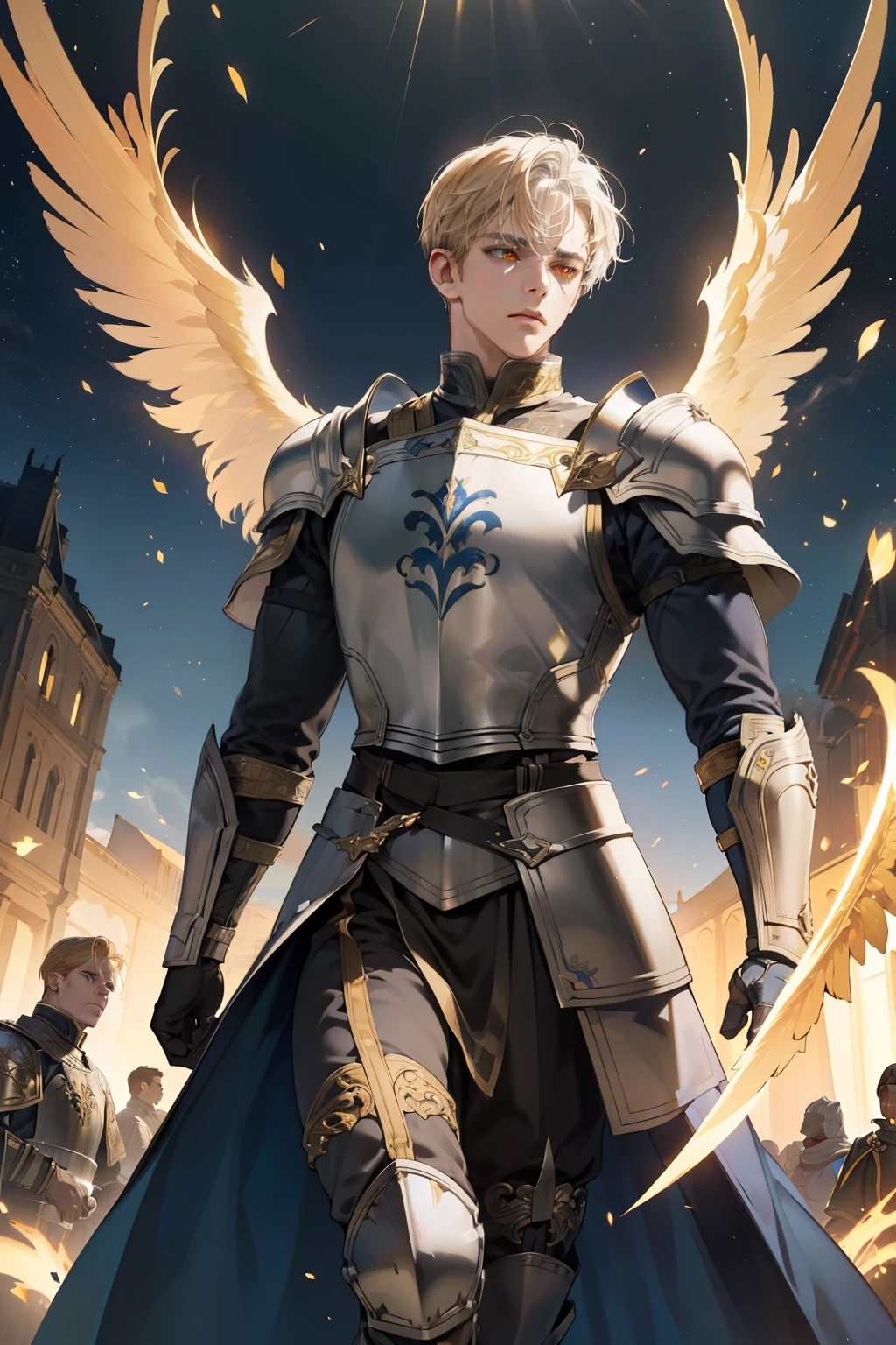 cinematic lighting, (((a male character))), focus on ground, day, medieval, (best quality), (high resolution), (Silver armor with dark blue details), (8k expressionless face), (yellow eyes ),(Alone),(short blond hair),(spectators),(no mask),(side),(Heavenly environment),((speed)),((large golden wings open)),(Reality),