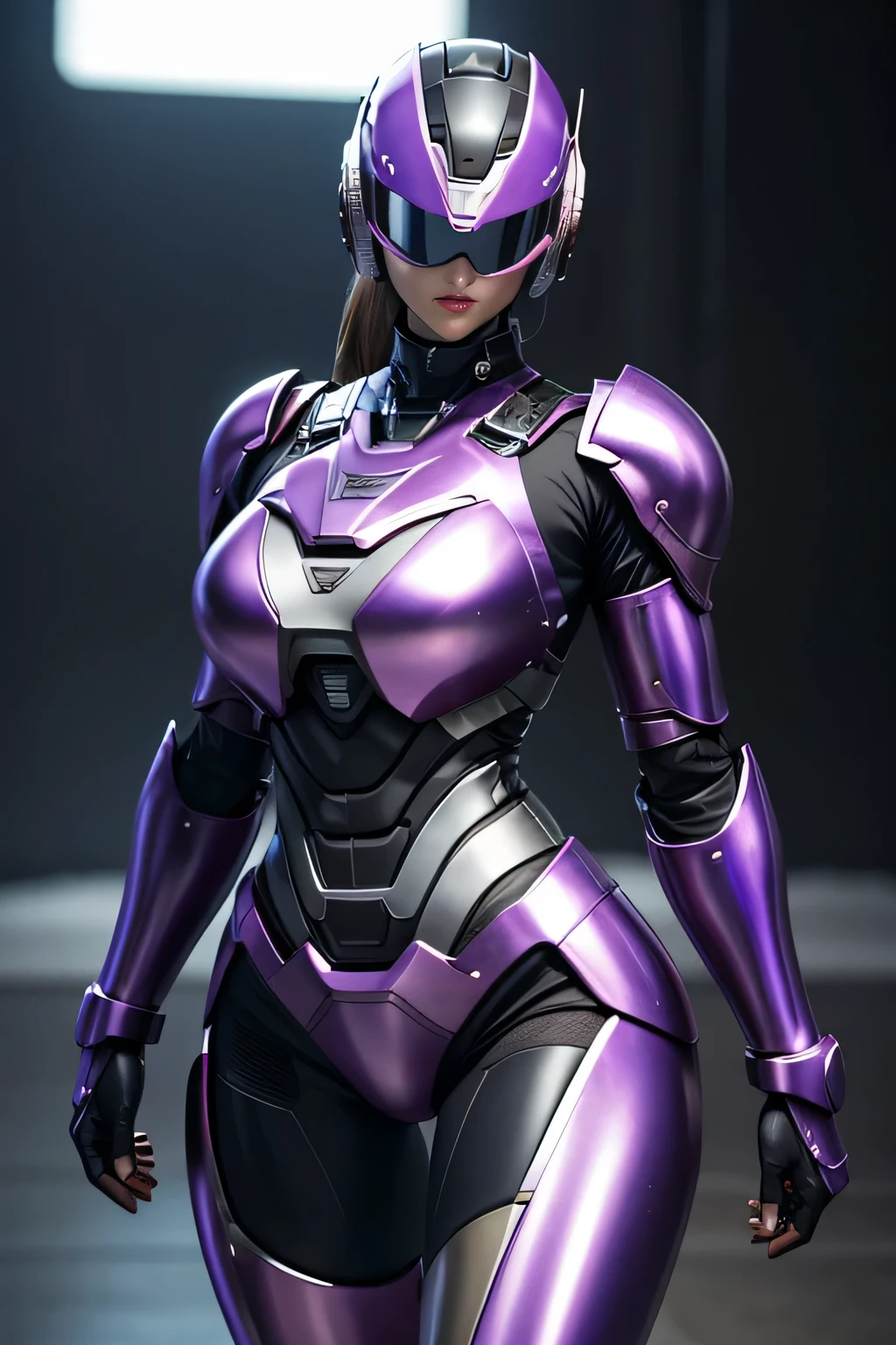 female robocop solo、Armor that completely covers the whole body、very large armor、Helmet with straight goggles to hide eyes、metallic purple armor、Armor that completely covers the chest、thin and long legs、Vibrant posel body view