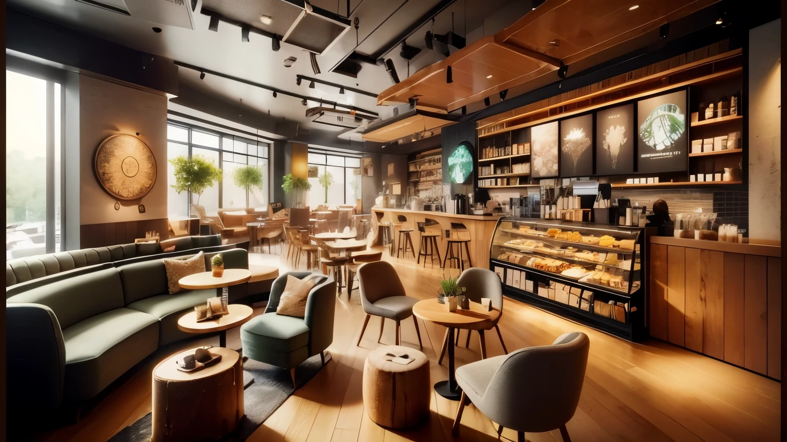 arafed view of a コーヒーショップ with a lot of tables and chairs, illustrated cafe interior, cafe interior, photorealistic rendering, The best on Adobe Stock, surreal, masterpiece art work, cozy cafe background, highly detailed rendering, well-organized space, 設備のwell-organized space, highly realistic rendering,palm tree inside the store,stylish objects and furniture