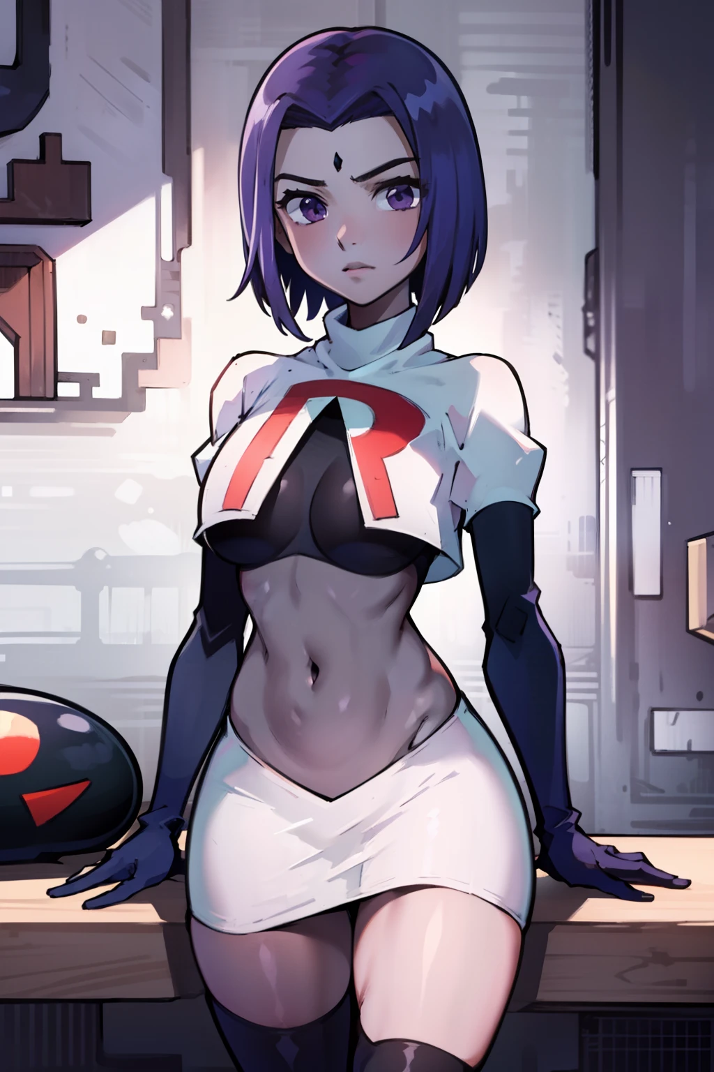 (masterpiece, best quality, ultra-detailed), RavenTT, short hair, purple eyes, (grey skin),team rocket,team rocket uniform, red letter R, white skirt,white crop top,black thigh-highs,black elbow gloves, medium breasts