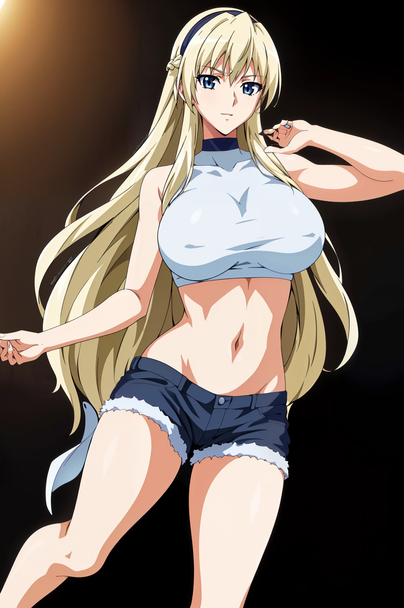 Simple White Background, at attention,
navel,halterneck,crop top,bare shoulders,
bangs,blonde hair,hair between eyes, hairband, long hair,Blue_Eyes,
1 girl, 20yo,Young female,Beautiful Finger,Beautiful long legs,Beautiful body,Beautiful Nose,Beautiful character design, perfect eyes, perfect face,expressive eyes,perfect balance,
looking at viewer,(Focus on her face),closed mouth, (innocent_big_eyes:1.0),Light_Smile,
official art,extremely detailed CG unity 8k wallpaper, perfect lighting,Colorful, Bright_Front_face_Lighting,shiny skin,
(masterpiece:1.0),(best_quality:1.0), ultra high res,4K,ultra-detailed,
photography, 8K, HDR, highres, absurdres:1.2, Kodak portra 400, film grain, blurry background, bokeh:1.2, lens flare, (vibrant_color:1.2),professional photograph,
(Beautiful,large_Breasts:1.4), (beautiful_face:1.5),(narrow_waist), shorts, thongs
