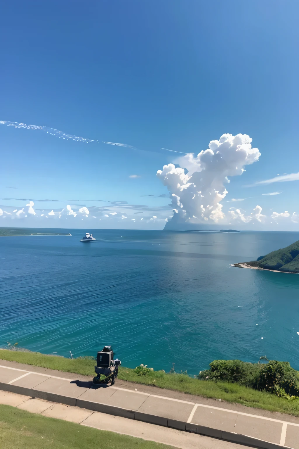a beautiful island，in a spring，There are fixed-wing drones in the sky，There are unmanned ships in the sea，in my opinion, There is a group of people on the ground using Huazhiyi T30 ground station to check drone information.