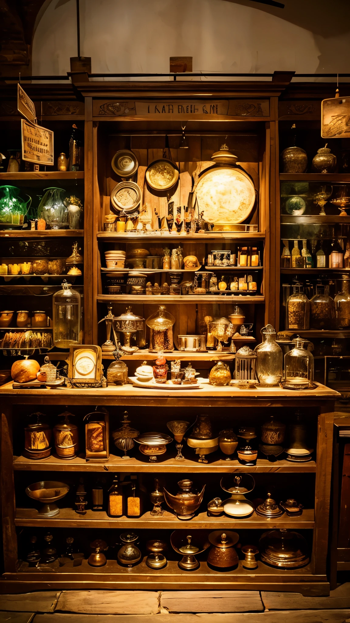 Inside the magical shop in a historical setting, Front view, Harry potter, diagon alley, Showcase, textured, maximum details, pertate plate, unmanned, highest quality, masterpiece, magic potion, mythical creatures