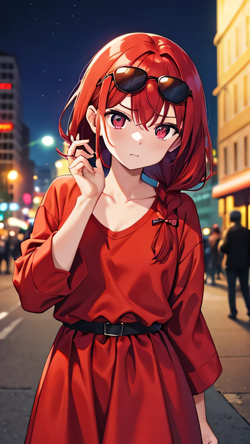body disappointed face hair color red braided hair style place city at night clothing a red long-sleeved shirt a tight black palazzo and sunglasses