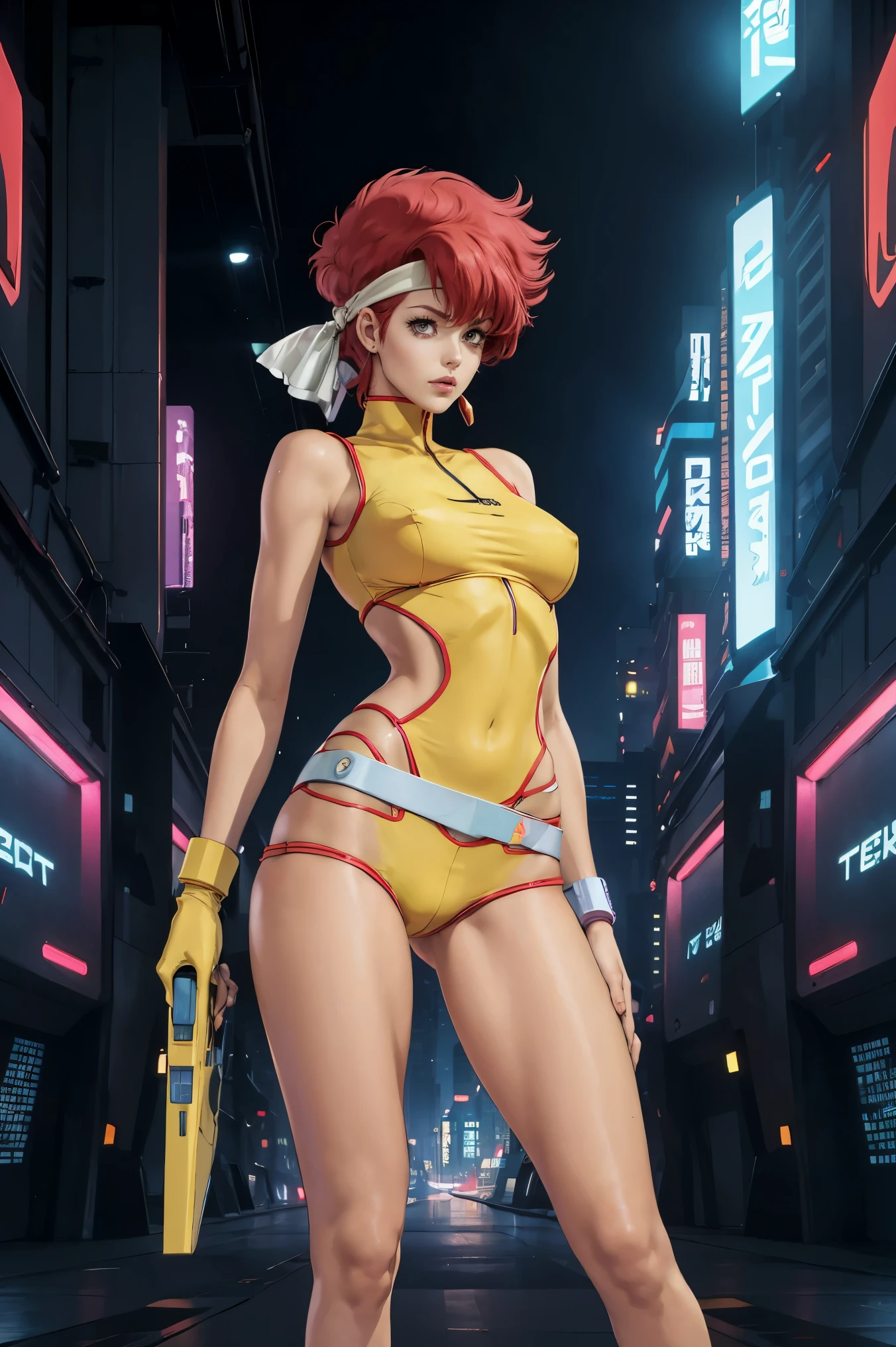 Very skinny Kei from The Dirty Pair, emaciated, wearing a tight bright yellow outfit, skinny frame, skinny legs, medium breast, red hair beauty, cyberpunk city background, holding retro space-gun, headband, slim waist, very slim thighs, very skinny thighs, very thin thighs, very slender thighs, lanky, thigh gap, thigh gap, 