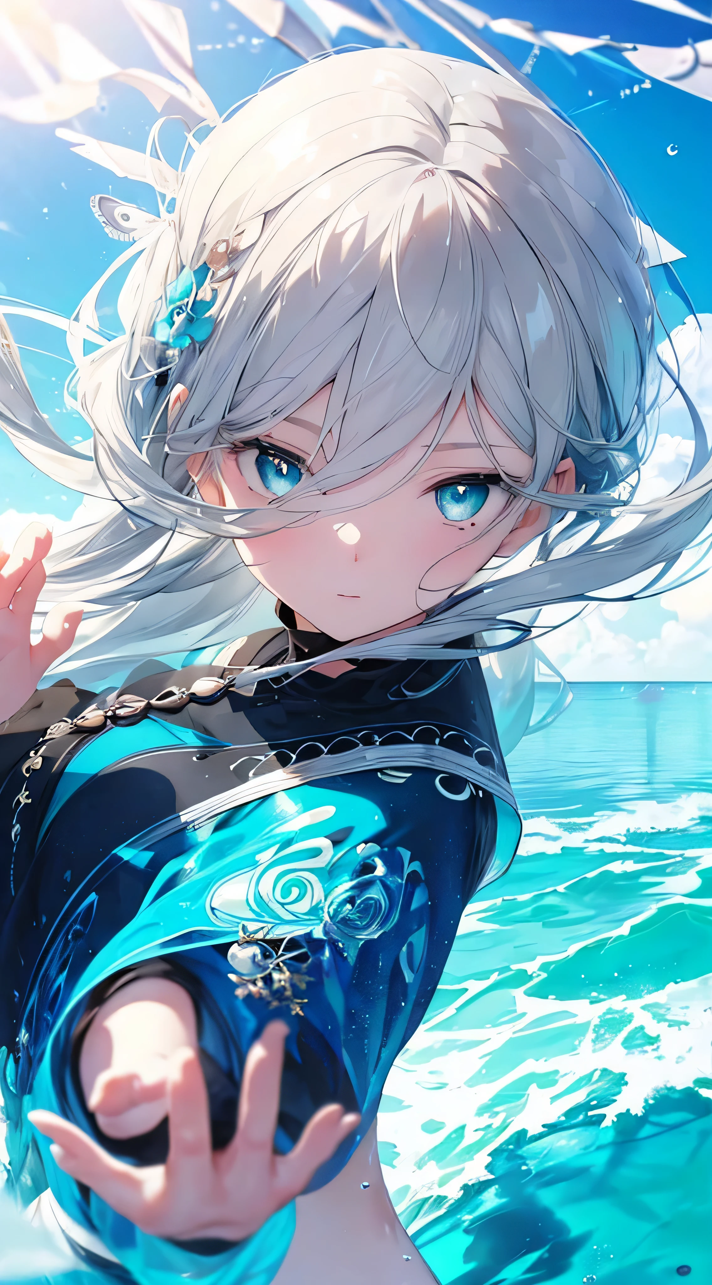 art by Cornflower, dready (A girl with beautiful detailed eyes, grey hair, aqua eyes). The depth of field in the photo is perfect and the lens flare adds a nice touch. The fine details on her face really stand out, score because of this photo Definitely greater than 10. In the background, there is a beautiful ocean with clear water and water droplets on the surface