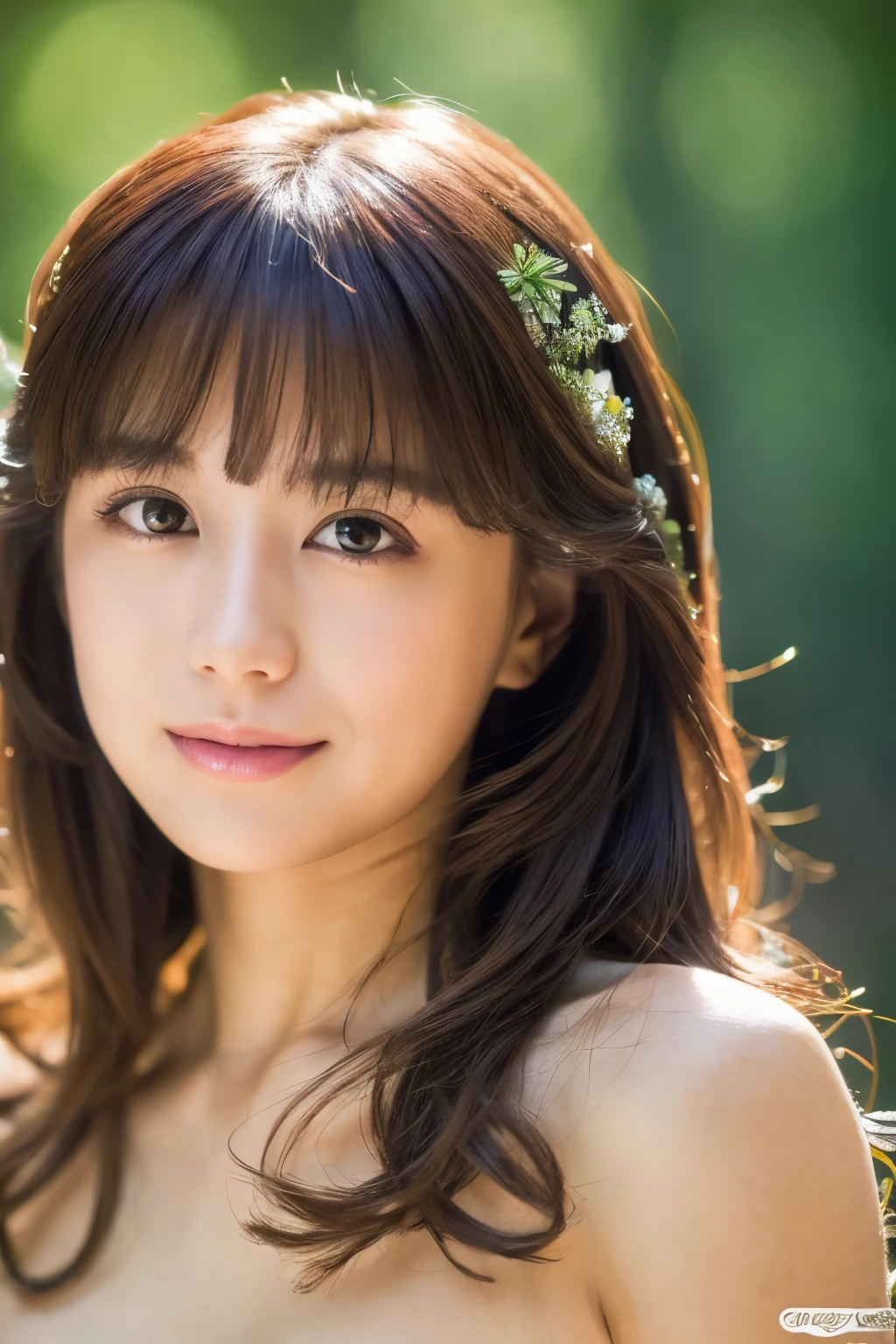 (best quality,highres,ultra-detailed),beautiful Japanese lady,naked, beautiful detailed lips,extremely detailed face,longeyelashes,soft smile,long hair,natural lighting,vivid colors, forest,