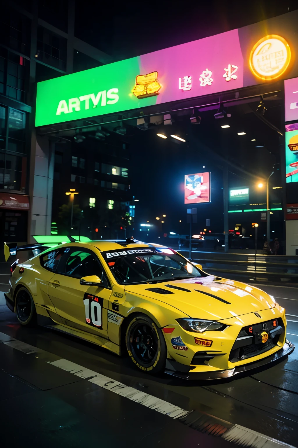 SunRising, visual_impact street_traffic_jam racing_full_shot spacious_road race_scene multi-racing, Masterpiece Cinematic_sunlight ultra_Photo-realistic, ultra_high-def UHD XT3 DSLR HDR, ultra-realistic angelic neon metallic black silver and gold chrome race car, best quality, ultra-detailed), Batmobile race car, street racing-inspired, Drifting, LED, ((Twin headlights)), (((Bright neon color racing stripes))), (Black racing wheels), Wheel spin showing motion, Show car in motion, Burnout, wide body, modified car, racing livery Lava