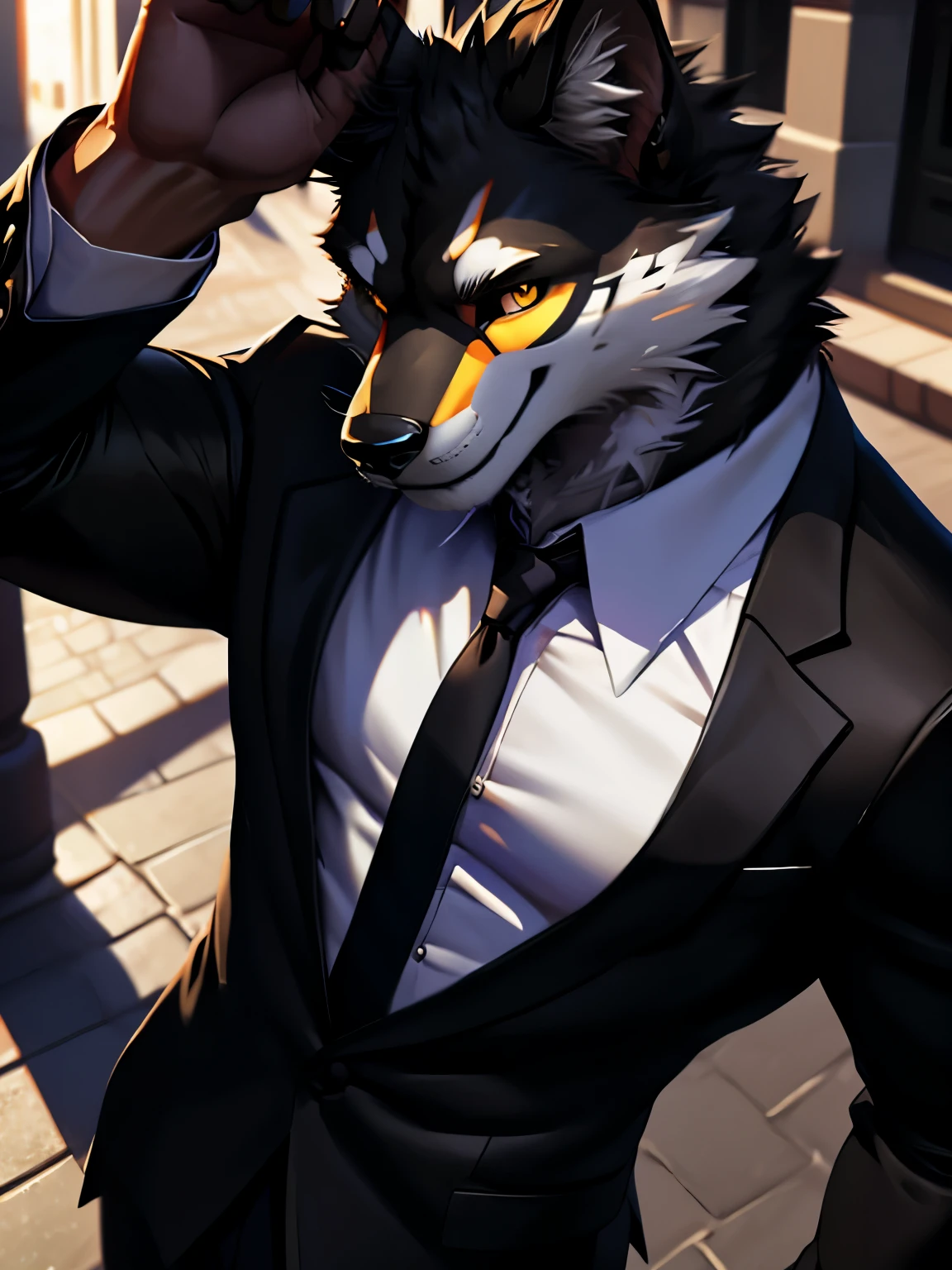 4k, ,8K, A high resolution, best quality, perfect colors, perfect shadows, perfect lighting, posted on e621, (by Chunie), male, furry, Cerberus anthro, Black fur, solo, Yellow eyes, (Realistic eye details 1.2), In the middle of the city, Hitman wear, white suit, Red tie, sunglasses, Full body like, Slim body, abs, masterpiece, in a panoramic view, ultra detailed face, depth of field, motion blur, high details, high quality, award winning, HD, 16k, (best quality,4k,8k,highres,masterpiece:1.2),ultra-detailed,realistic:1.37,HDR,UHD,studio lighting,extreme detail description,professional,vivid colors,bokeh,lively atmosphere, natural lighting, smile, looking at viewer, (solo:1.2)