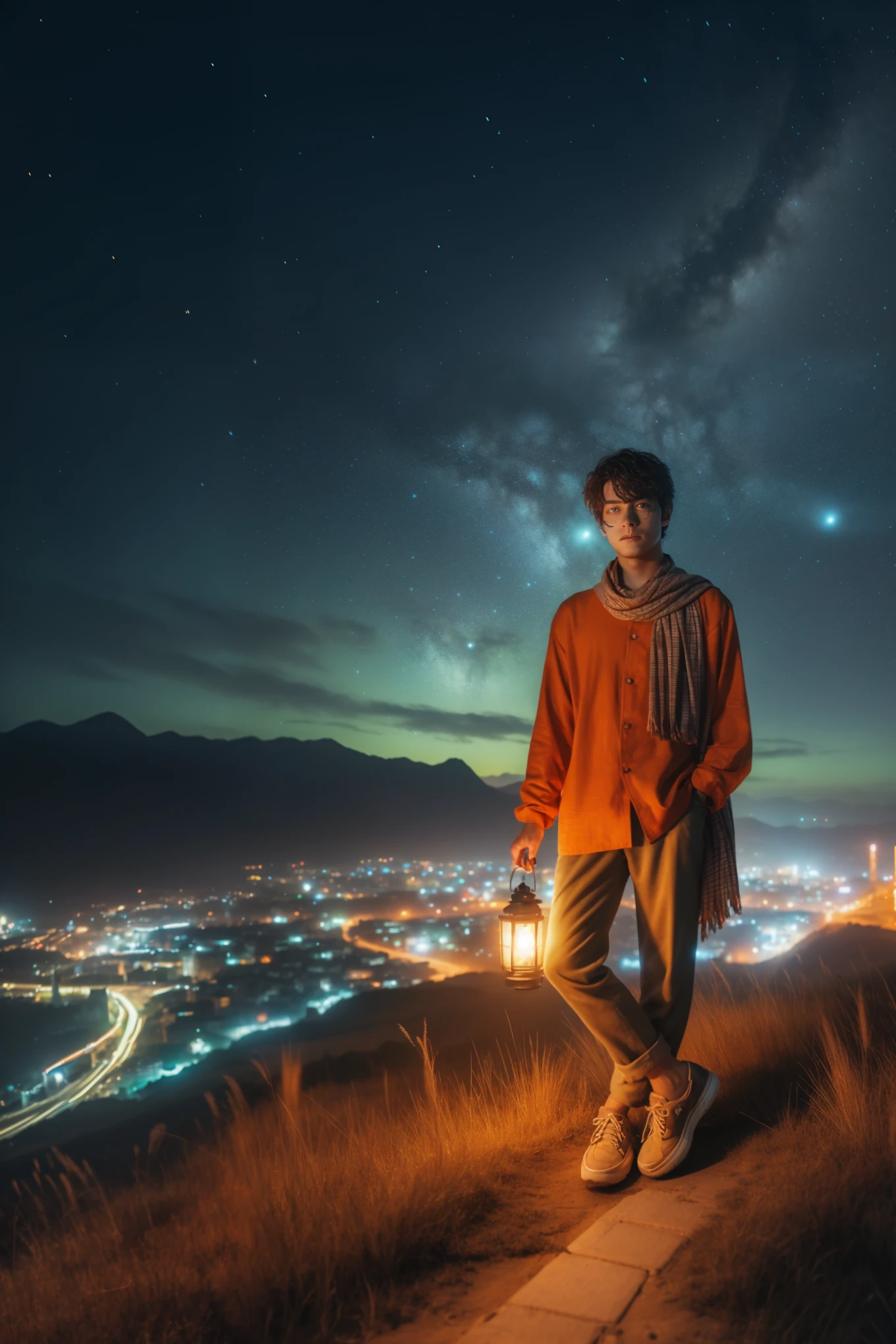 arafed man standing on a hill with a lantern in his hand, hero pose colorful city lighting, strange portrait with galaxy, matte painting portrait shot, ethereal starlit city at sunset, with stars, portrait shot, holding a lantern, mid shot portrait, in front of a sci fi cityscape, edited in photoshop, high quality portrait, photography at night
