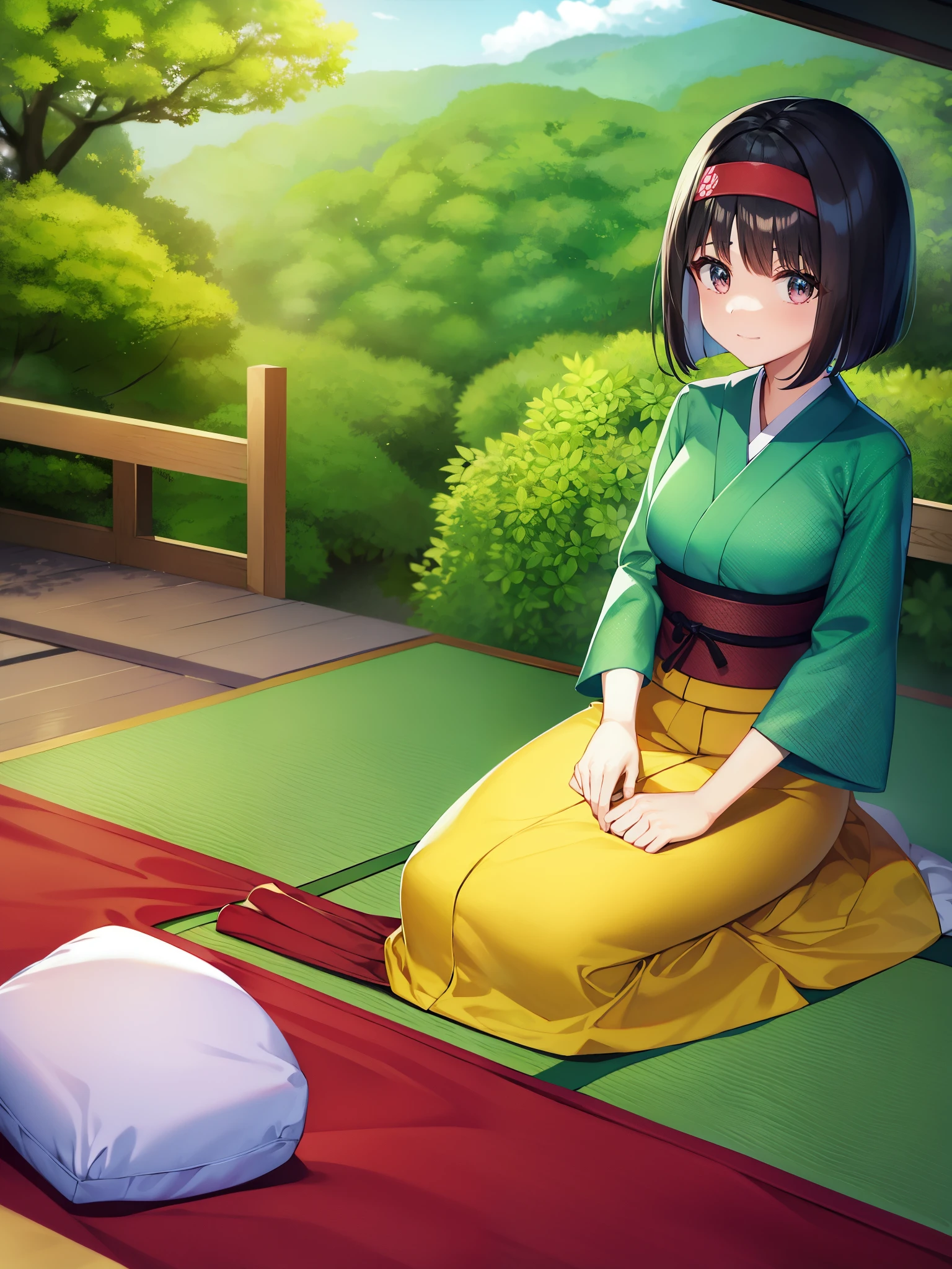 Pokémon、Tea ceremony room、Erica、solo、1 person、Green Tea 、soup ton、Tamamushi City gym leader、Grass type Pokemon user。black hair bob、colorful japanese clothes、colorful hakama、A girl who loves nature、A gentle personality with a ladylike tone、I fall asleep even before a match。