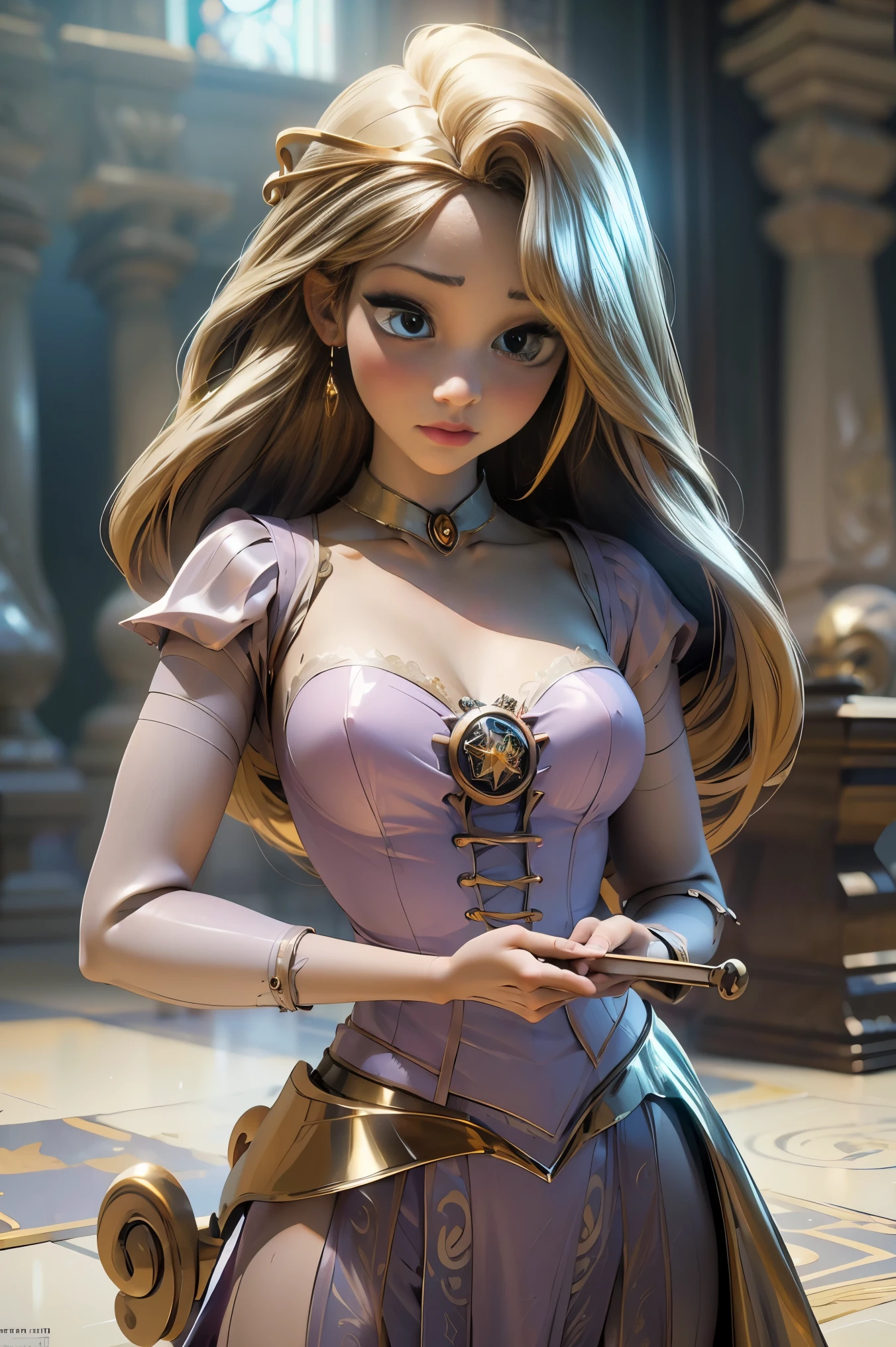 solamente, super fine photo, Unreal Engine 5 8K UHD digital artistic portrait of a girl, Arte conceptual, character concept design, usando un apretado, bright white dress with metallic details, corona de oro, ojos azules, fantasy princess, guante metalico, cabello largo y rubio, La mejor calidad, Obra maestra, super detailed, sharp focus, pose Sujestiva y sexy y inocente y