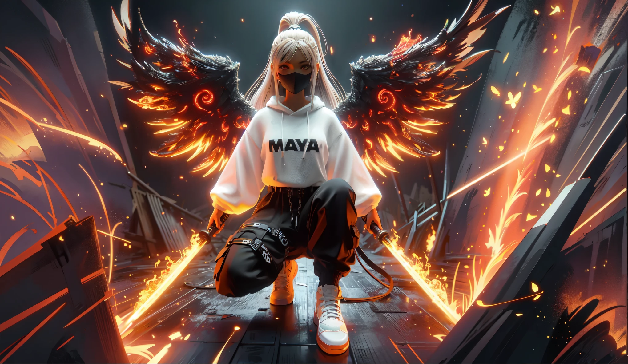 a close-up of a person kneeling on a wooden floor with fire, garota de anime cyberpunk com capuz, as a mystical valkyrie, maia 8 k, unreal maia, foto do perfil 1024px, maia render, badass anime 8 k, made in maia and photoshop, estilo anime 4 k, epic estilo anime, mystical valkyrie, maia, estilo anime. 8K