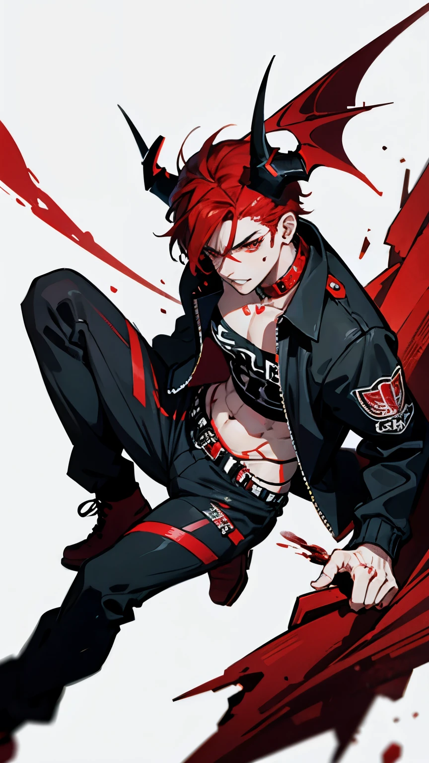 18 years, male, body view, red eyes, covered in blood, with red hair, wearing punk emo clothes, devil horns ((high quality))