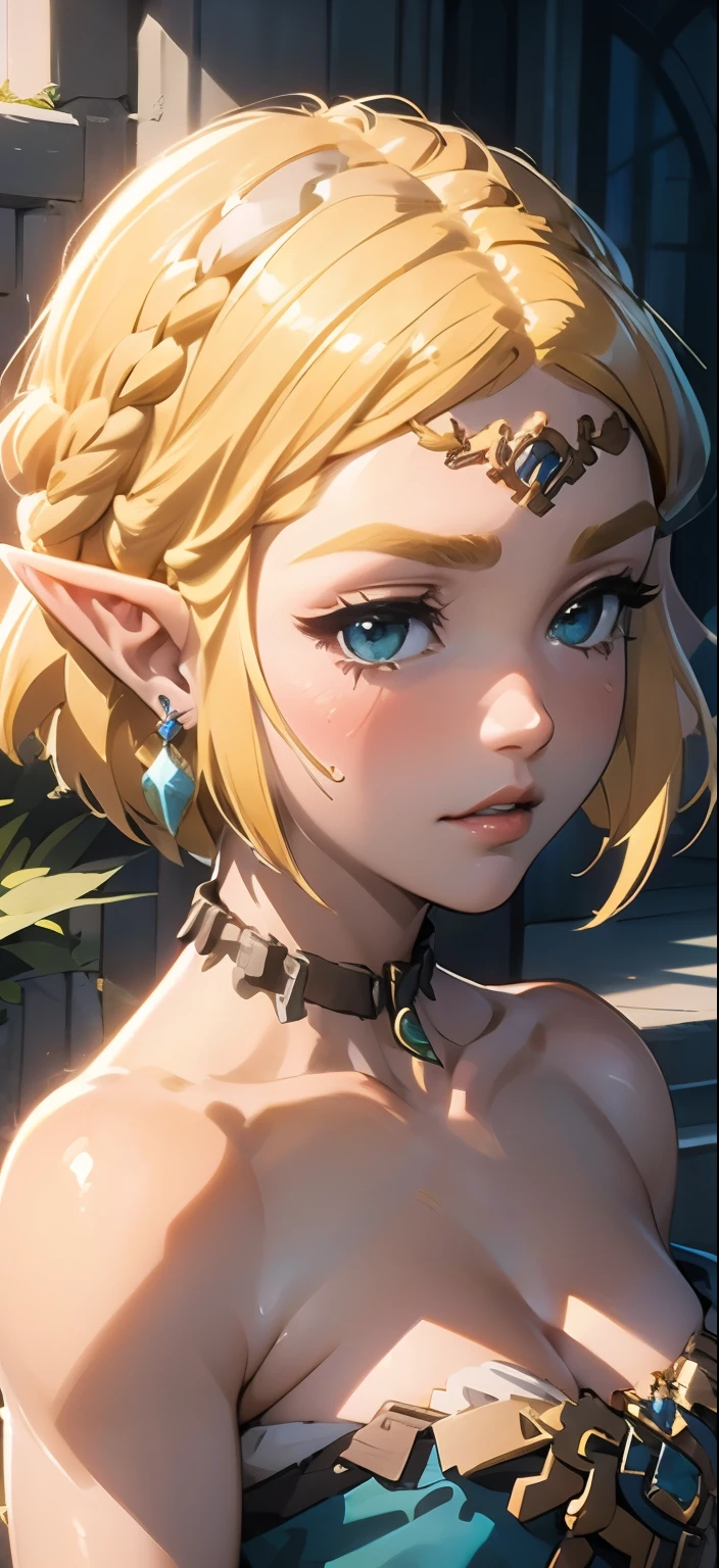 (((Best Quality))), ((Ultra-detailed)), (extremely detailed photo), ((extremely delicate and beautiful)),(Cute delicate face), ((masterpiece)), perfect anatomy, intricate, (highly detailed), masterpiece, photorealistic,A 23 years old dignified Princess Zelda,(Background of Hyrule Castle),(holding Master Sword),tall girl,(gold hair and crown braid and short hair and blue eyes),(Dynamic pose),alone, double eyelid,delicate skin,slender body shape,Legend of Zelda tears of the kingdom