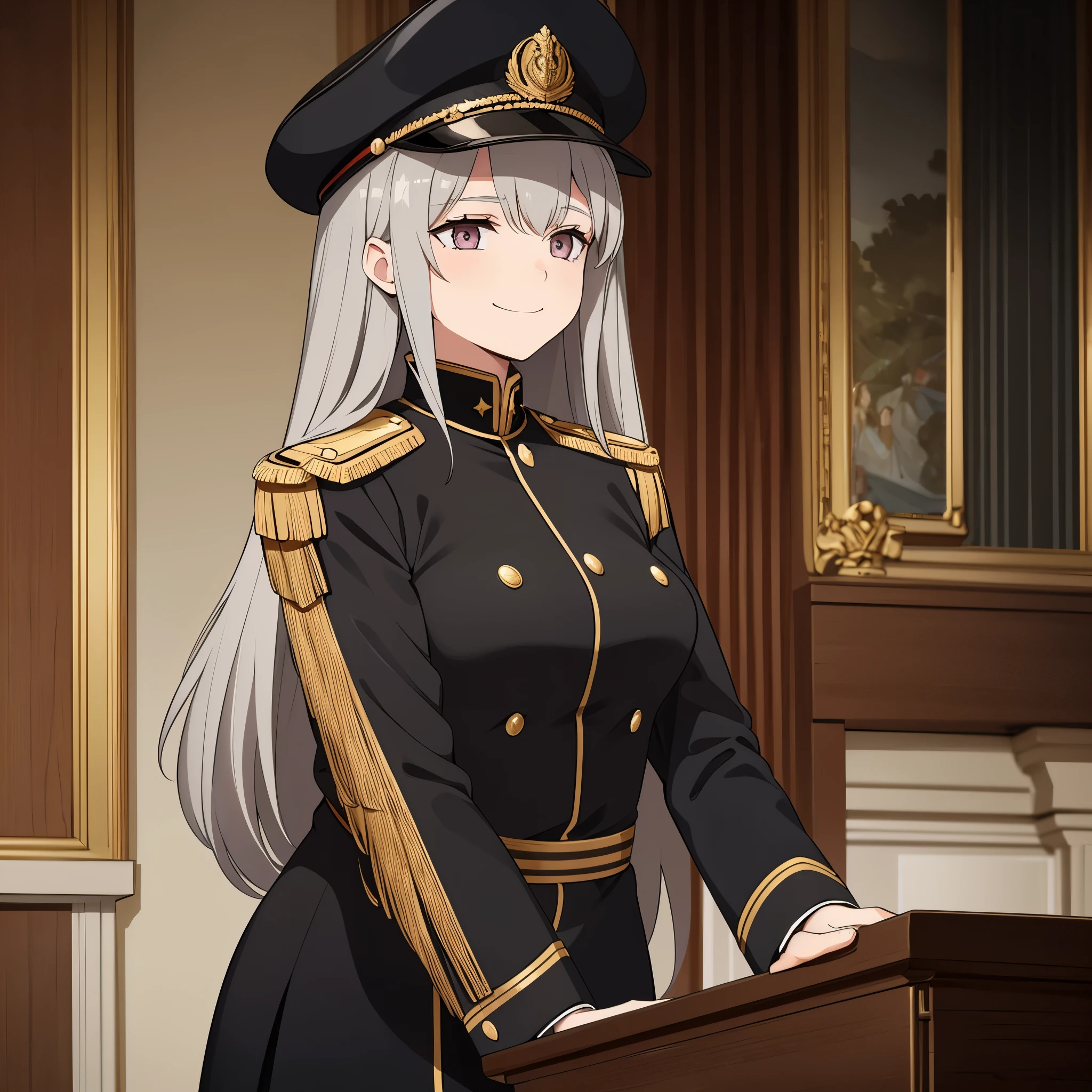 A girl with long gray and curly hair, without bangs, bronze eyes, wearing a black Prussian uniform with gold details, a black military hat, in a sophisticated music room, smiling.